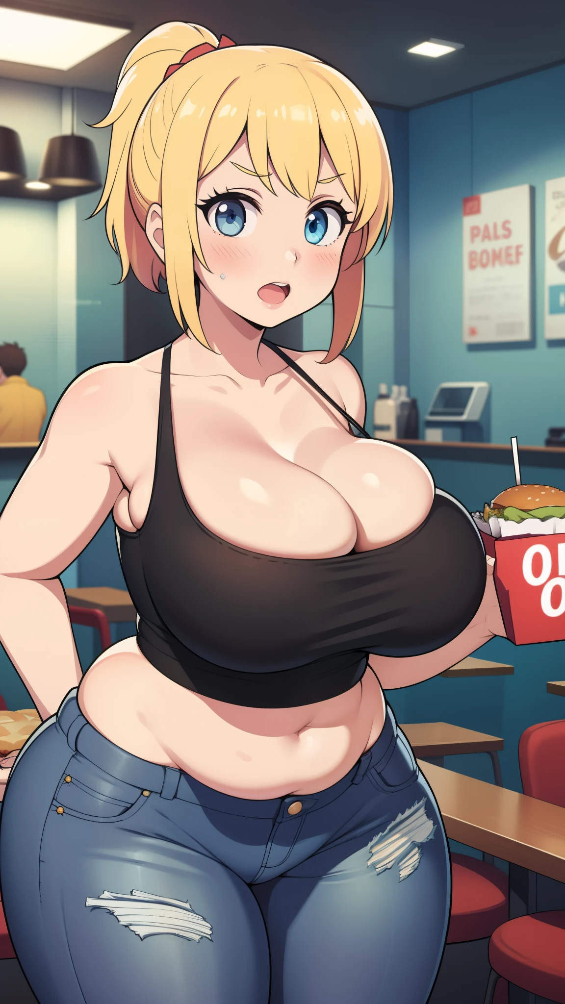 ((Masterpiece)), perfect anatomy, perfect shading, field of depth, (best quality), extremely delicate and beautiful, perfect lighting, detailed face, ultra cute face, cute, ((1girl)), ((solo))
short fluffy blonde hair, ponytail, blue eyes, ((blush)), nervous, looking at viewer, crop top, jeans, cleavage, large breasts, ((thick thighs)), (wide hips), chubby,
intricate background, detailed background, fast food restaurant,