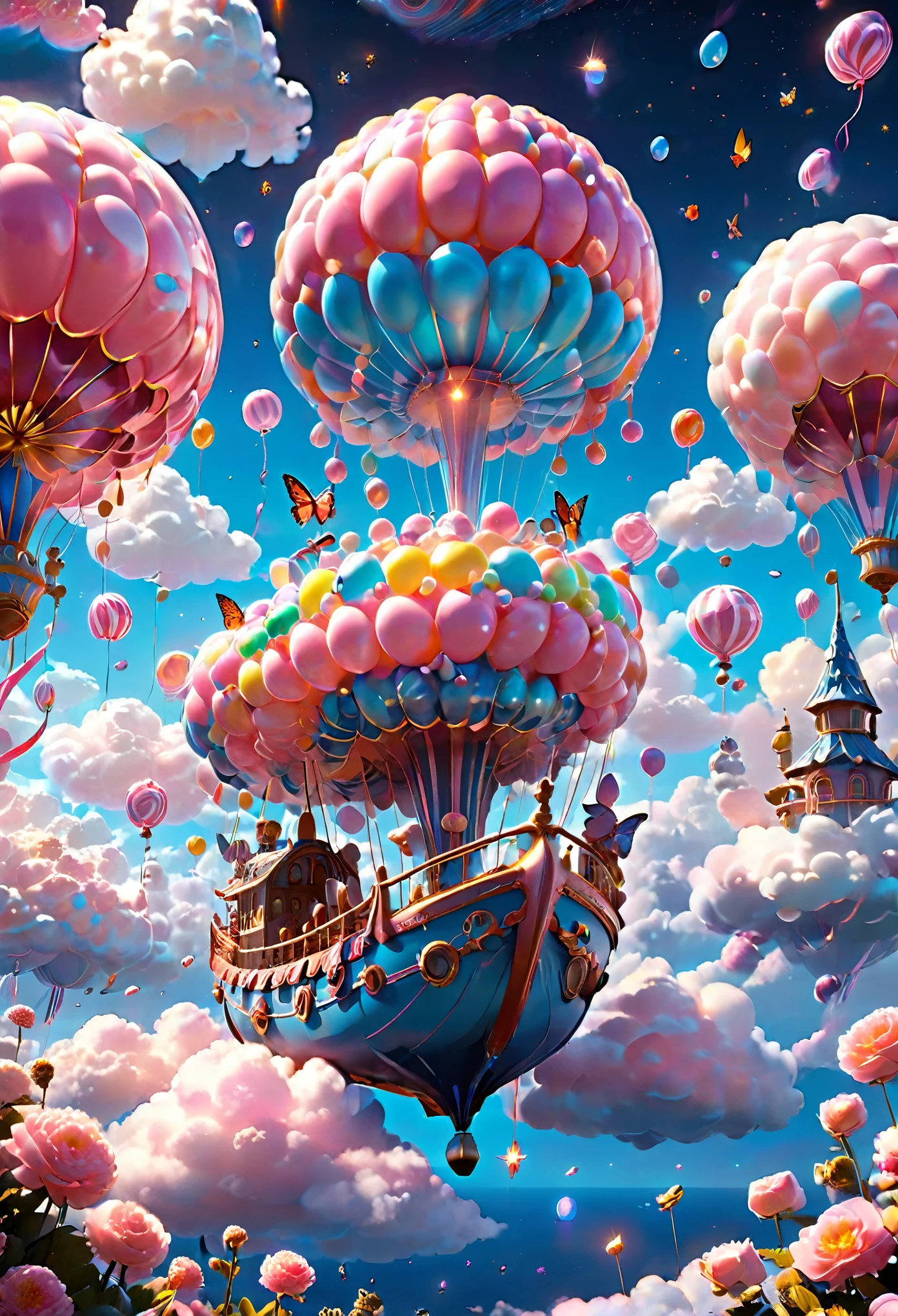 (Very unified cg scene design）,(character  design），( epic balloon ship floating in the clouds），pink and blue，starlights，rosette，butterflys，，like a dream，mystical lighting，4k detail，Dramatic light and shadow，like a dream，Beautiful lighting by Yoshitaka Amano at Studio Ghibli，3Drenderingof，c4d，Fantasyart，mirai，cartoony，