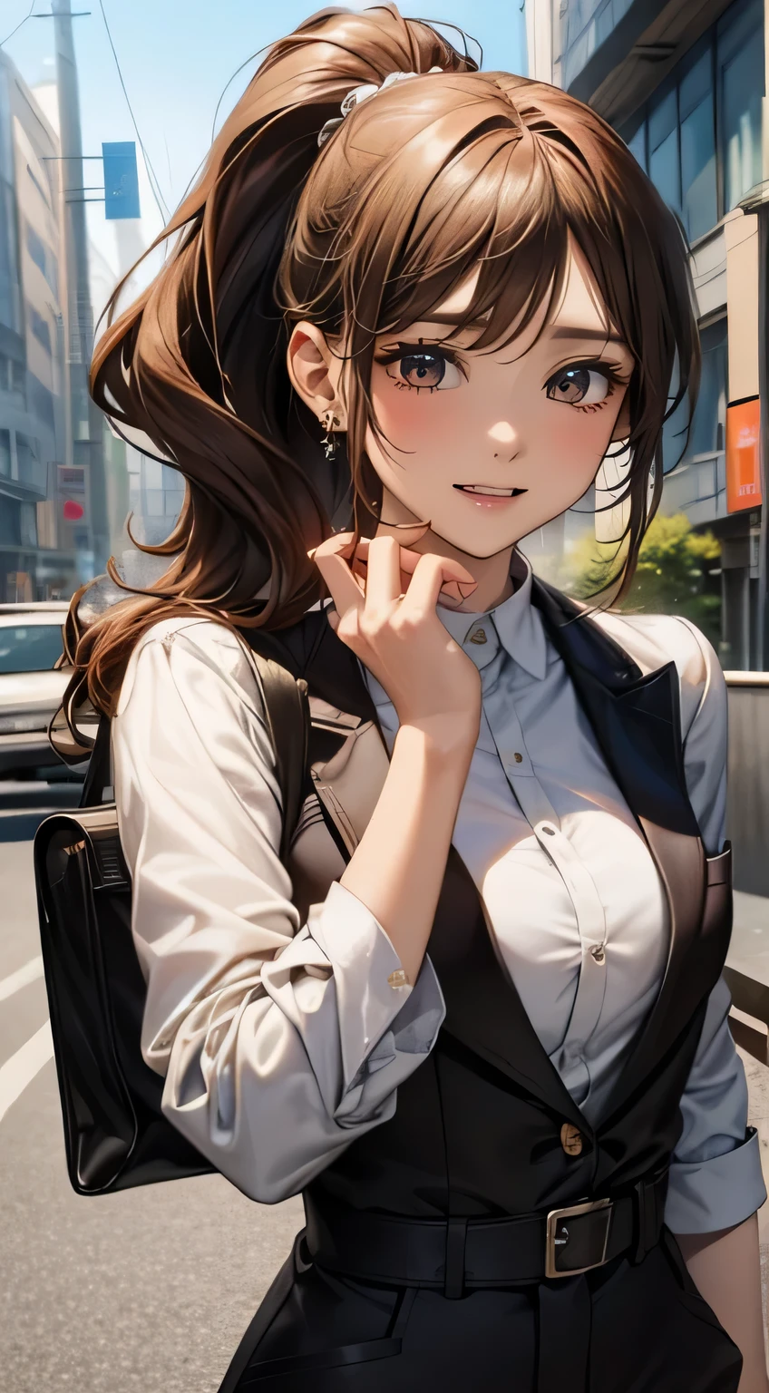 anime「Attack on Titan」Shasa&#39;s, shoulder length hair, brown hair, ponytail, beautiful, beautiful woman, perfect body, perfect breasts, Wearing a white formal shirt, black blazer, black pants, carrying a bag, wearing a watch, earrings wearing earrings, In public, Creatures of Tokyo City, Being on the street, Look at the viewer with a slight smile, realism, masterpiece, Textured Leather, Super detailed, high detail, high quality, 最high quality, 1080p, 16k