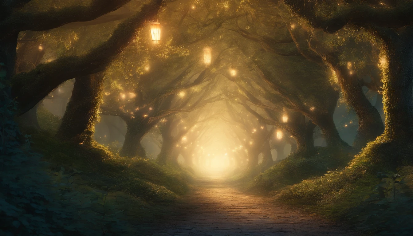 Tunnel of Trees: A magical night forest, the forest paths become tunnel-like passages covered with small trees and low branches, the moonlight shining through them and illuminating the ground, creating a mysterious scene, One-person viewpoint, Super Detail, high details, High quality, 8K