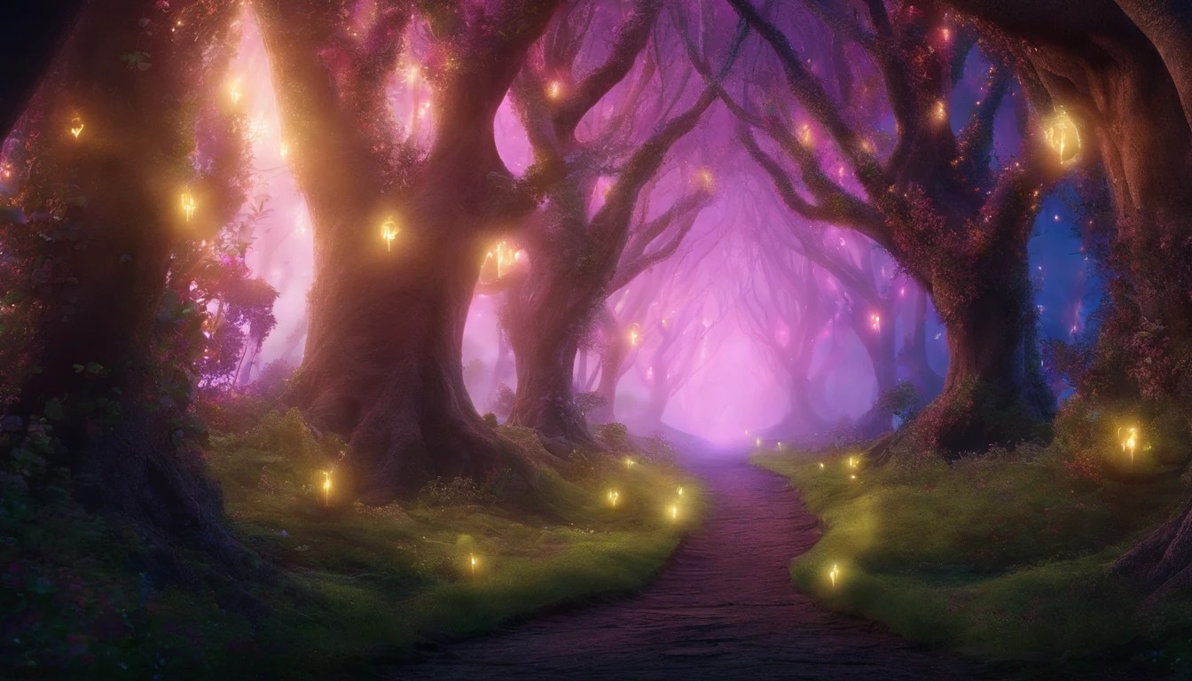 Tunnel of Trees: A magical night forest, the forest paths become tunnel-like passages covered with small trees and low branches, the moonlight shining through them and illuminating the ground, creating a mysterious scene, One-person viewpoint, Super Detail, high details, High quality, 8K