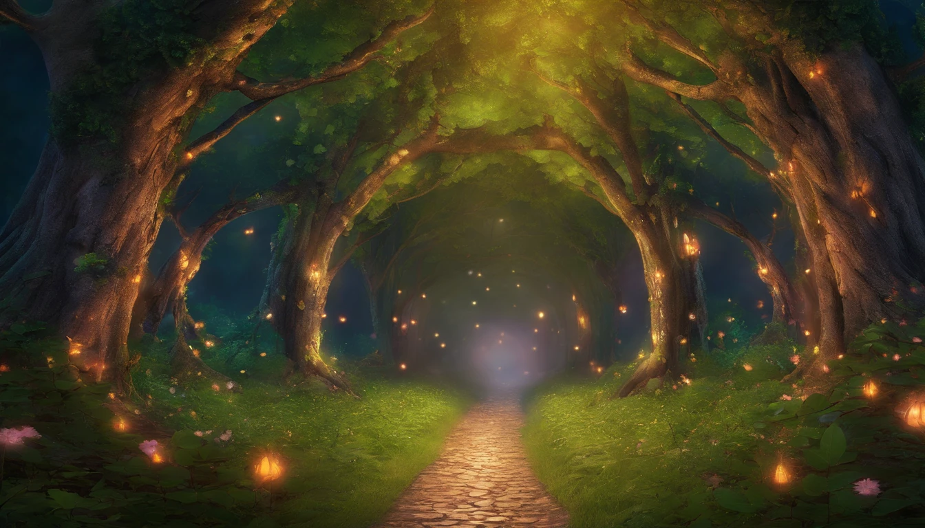 Tunnel of Trees: A magical night forest, the forest paths become tunnel-like passages covered with small trees and low branches, the moonlight shining through them and illuminating the ground, creating a mysterious scene, One-person viewpoint, Super Detail, high details, High quality, 8K