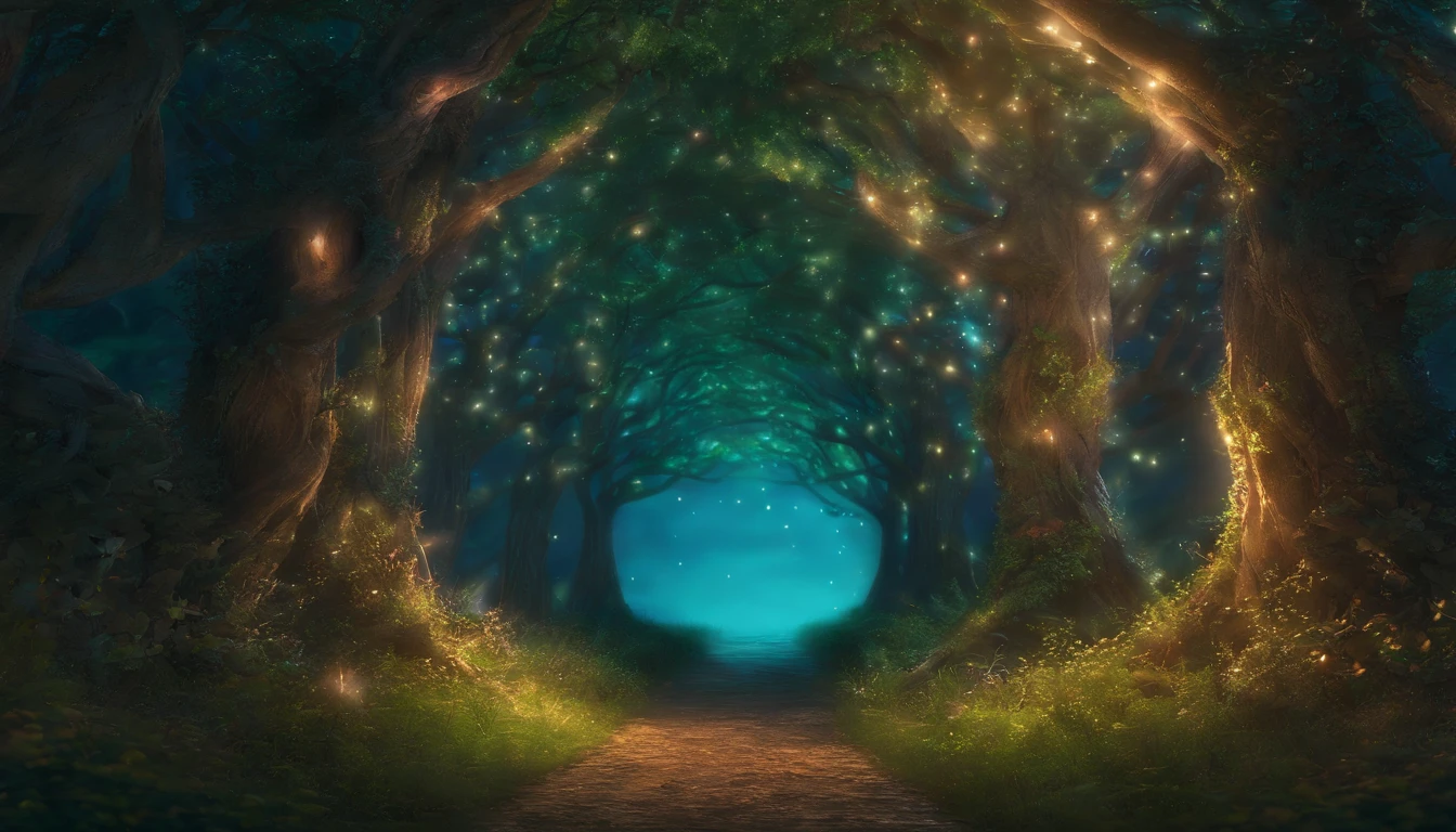 Tunnel of Trees: A magical night forest, the forest paths become tunnel-like passages covered with small trees and low branches, the moonlight shining through them and illuminating the ground, creating a mysterious scene, One-person viewpoint, Super Detail, high details, High quality, 8K