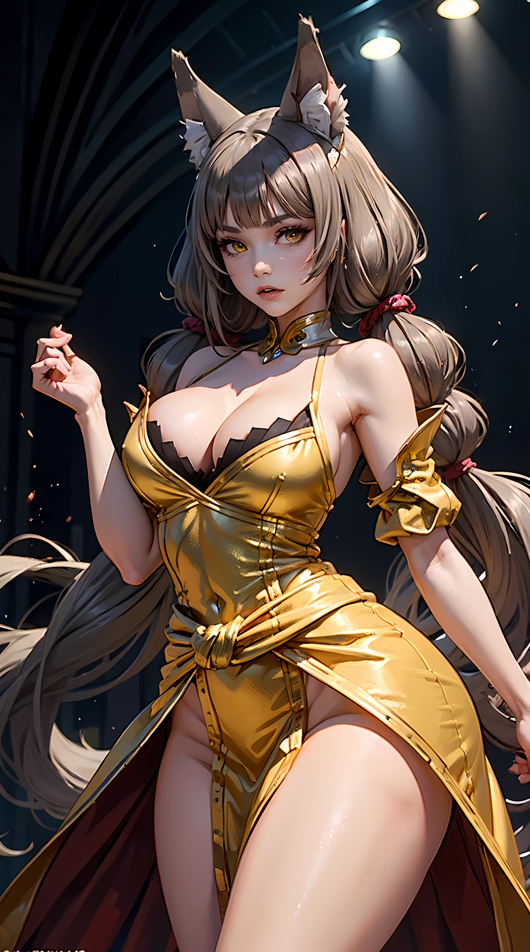 Nia_blade_form, Beautiful grayish brown hair girl is shown to have a slender figure, wearing a beautiful sexy dress, yellow eyes, long twin tails, large cat ears, girl standing in a gala ballroom, sexy session, putting her hands on her waist, poseing, exposed cleavage, cowboy shot, superior quality, many details, realistic