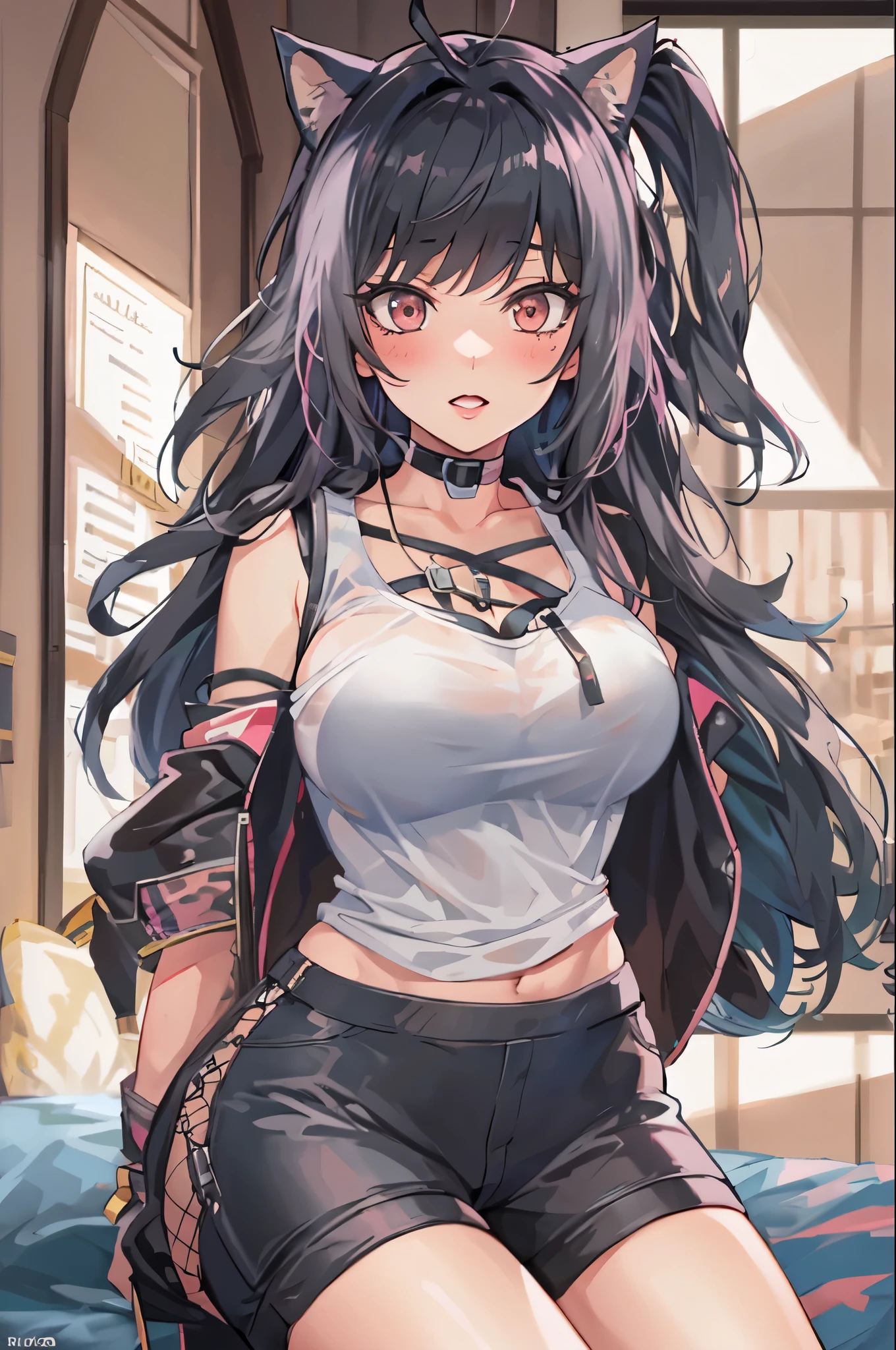 ((solo)), (woman), black eyes, black hair, very long hair, wavy hair, messy hair, cherry pink colored inner hair, (sculpted body), big breasts, thick, mature body, red and black horns, demon horns, a close up of a person with a great sword in a village, detailed key anime art, honkai star trail character, casimir art, masamune shiro, masamune, beautiful woman in demon slayer art, genshin, heise jinyao, shadowverse style, (no logos), white shirt, jacket, jeans shorts, eye reflection, depth of field, cinematic lighting, ray tracing, depth of field, cinematic lighting, ray tracing, UHD, high details, best quality, highres, high quality, award winning, super detail, masterpiece, 8k, UHD, high details, best quality, highres, high quality, award winning, super detail, masterpiece, 8k