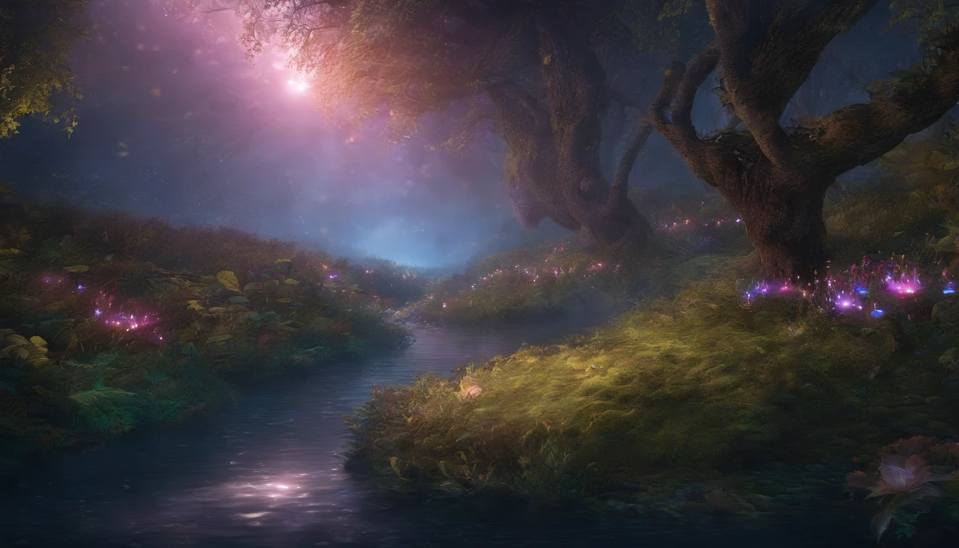 Fantastic night forest, a small river flows silently through the forest, the moonlight reflects on the surface of the water and the water flows silently, giving off a magical glow, One-person viewpoint, Super Detail, high details, High quality, 8K