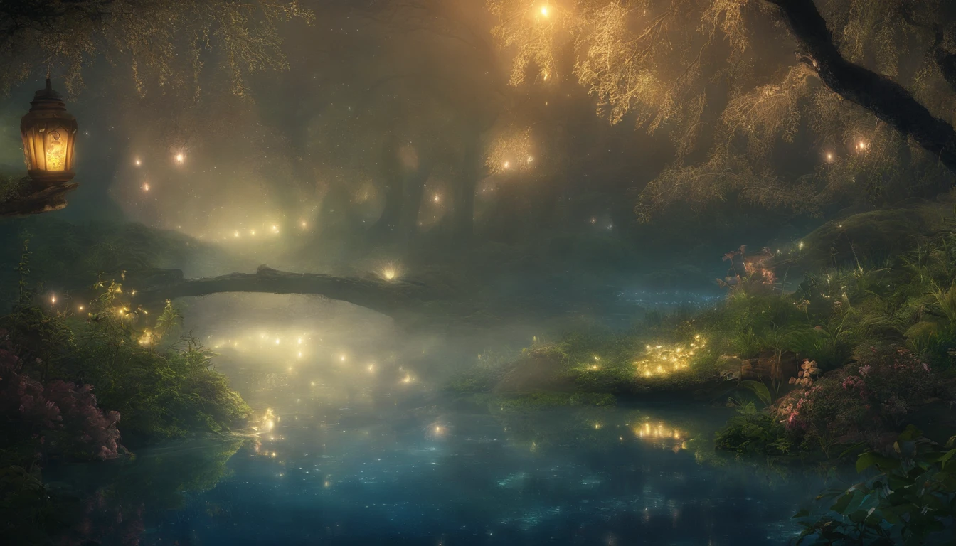 Fantastic night forest, a small river flows silently through the forest, the moonlight reflects on the surface of the water and the water flows silently, giving off a magical glow, One-person viewpoint, Super Detail, high details, High quality, 8K