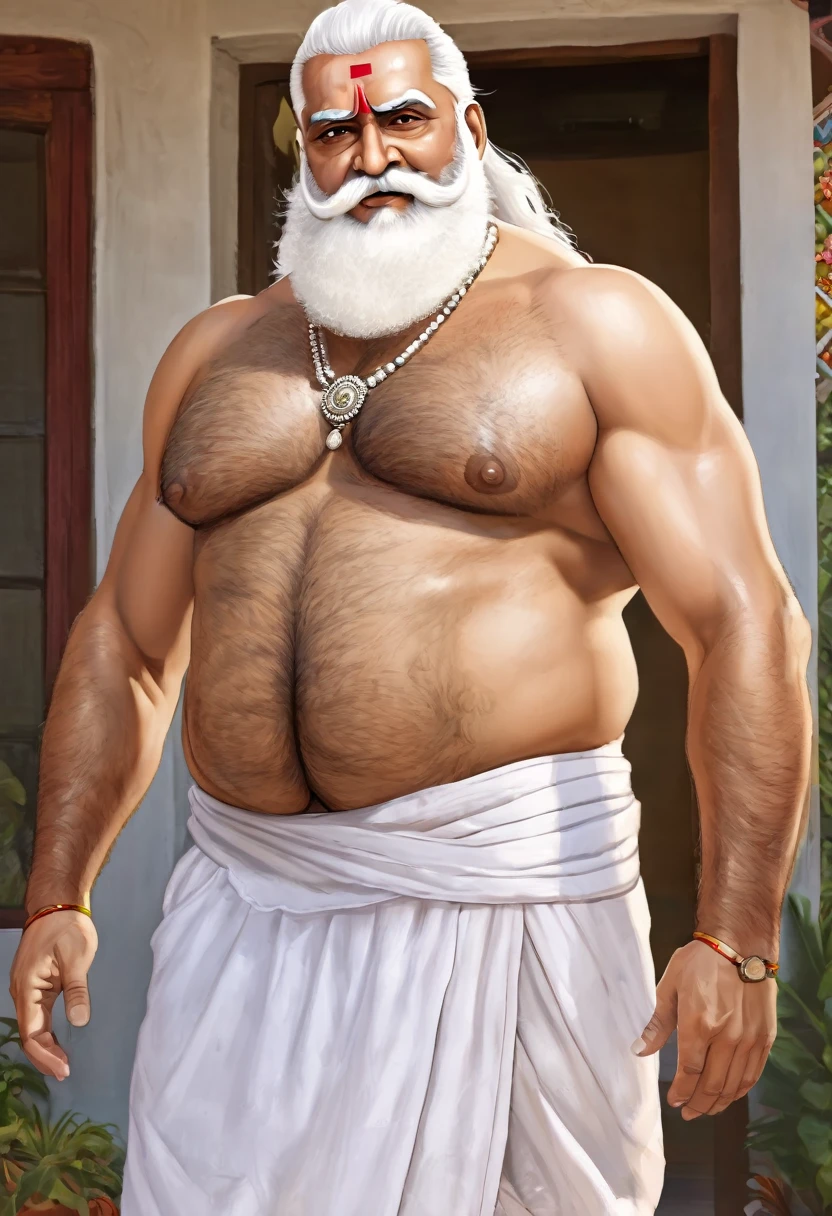 extremely detailed, detailed face, detailed eyes, detailed fat some muscle (view full body), ((1man)), (object (big belly indian older man 50s big cock erect cock pagari thick legs rugged hairy shirtless standing with face up alpha stern expression inside home )), indian wearing traditonal indian clothing old man (big thick, big muscle, white facial hair, white body hair beaded, white beard, alpha strong man face thick hair, white hair, strong character, strong muscle naked), (background (sunny , indian home Garden)), (photography (50mm lens, cinematic, cinematic color)