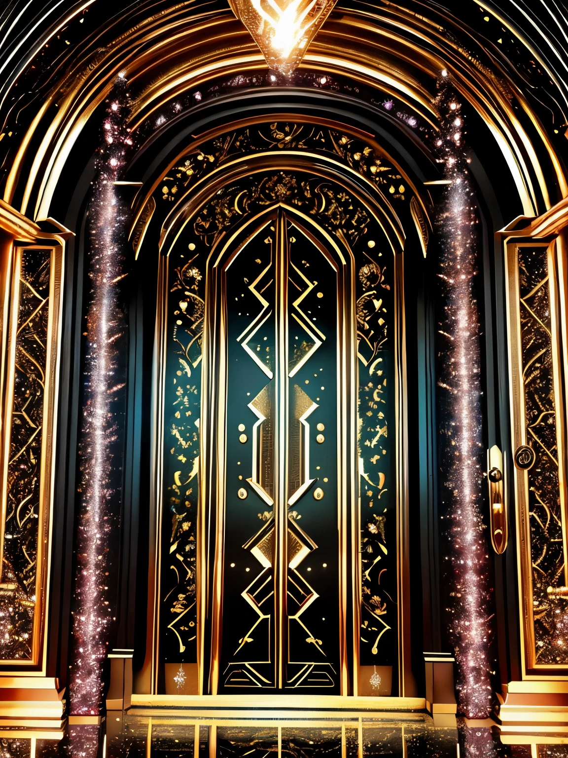 best quality, super fine, 16k, RAW photo, photorealistic, incredibly absurdres, extremely detailed, delicate, flashy and dynamic depiction, 3D, Northern Renaissance style, The entrance to hell or The entrance to heaven, jet black, shining silver plated, shining gold plated, complicated, strange, mysterious