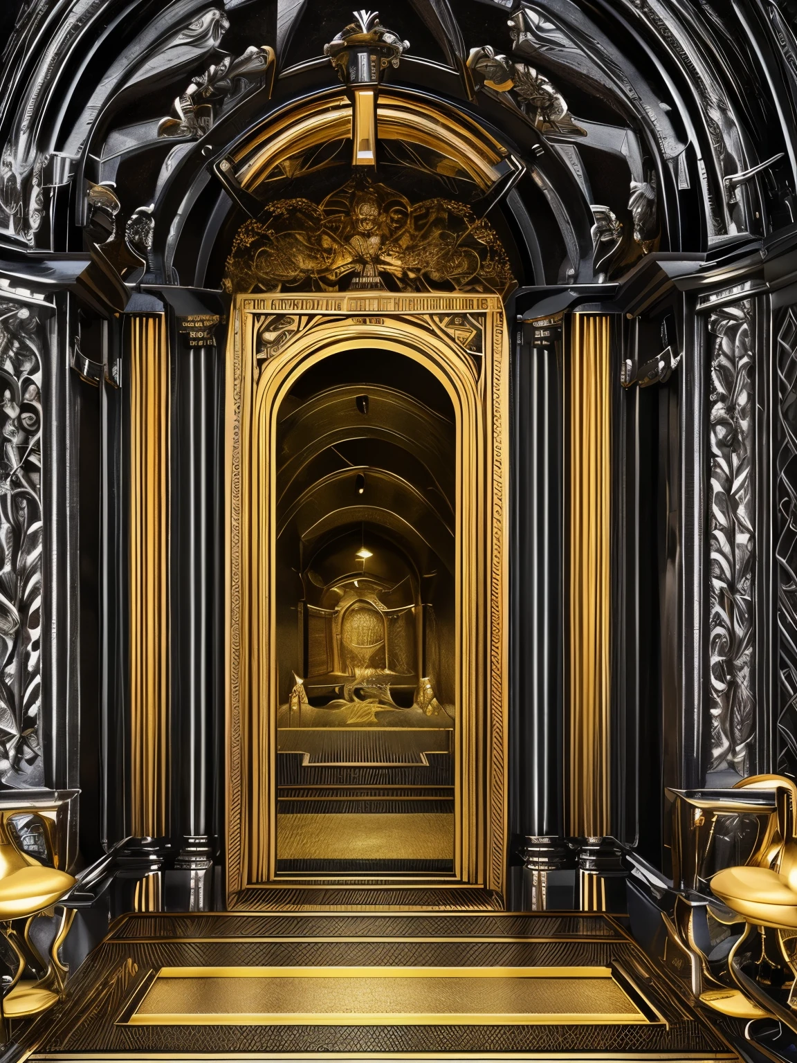 best quality, super fine, 16k, RAW photo, photorealistic, incredibly absurdres, extremely detailed, delicate, flashy and dynamic depiction, 3D, Northern Renaissance style, The entrance to hell or The entrance to heaven, jet black, shining silver plated, shining gold plated, complicated, strange, mysterious