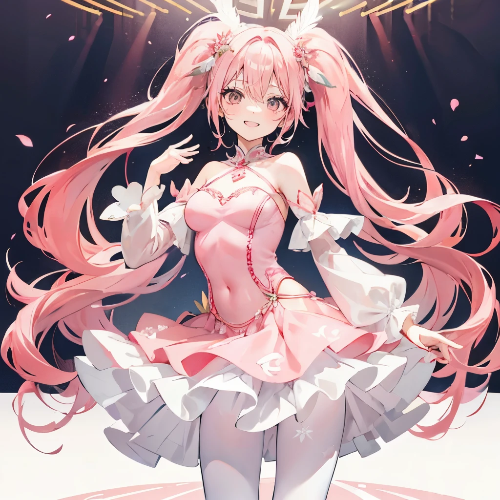 Coral pink hair,long hair,hair over one eye,gray eyes,feather hair ornament,cute,girl,laughing out loud,happy smiling expression,One-piece ballet dress,White silk pantyhose,whole body,stand on the ground,Dancing moves,Does not expose fingers,The background is a dance practice room