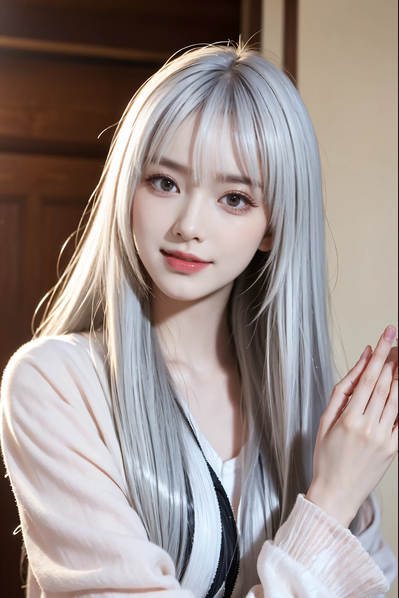 (8k, to be born, realistic: 1.25), ((striped white hairs)), (Thin lip gloss, thin eyebrows, eyelash, tear bag, sharp bangs, shiny face, shiny skin, highest quality, ultra high resolution, written boundary depth, chromatic aberration, caustics, wide lighting, natural shading, K-POPアイドル) Glasses, Calm, Gather the hair with your hands, long hair, smile, Small devil, inside the house