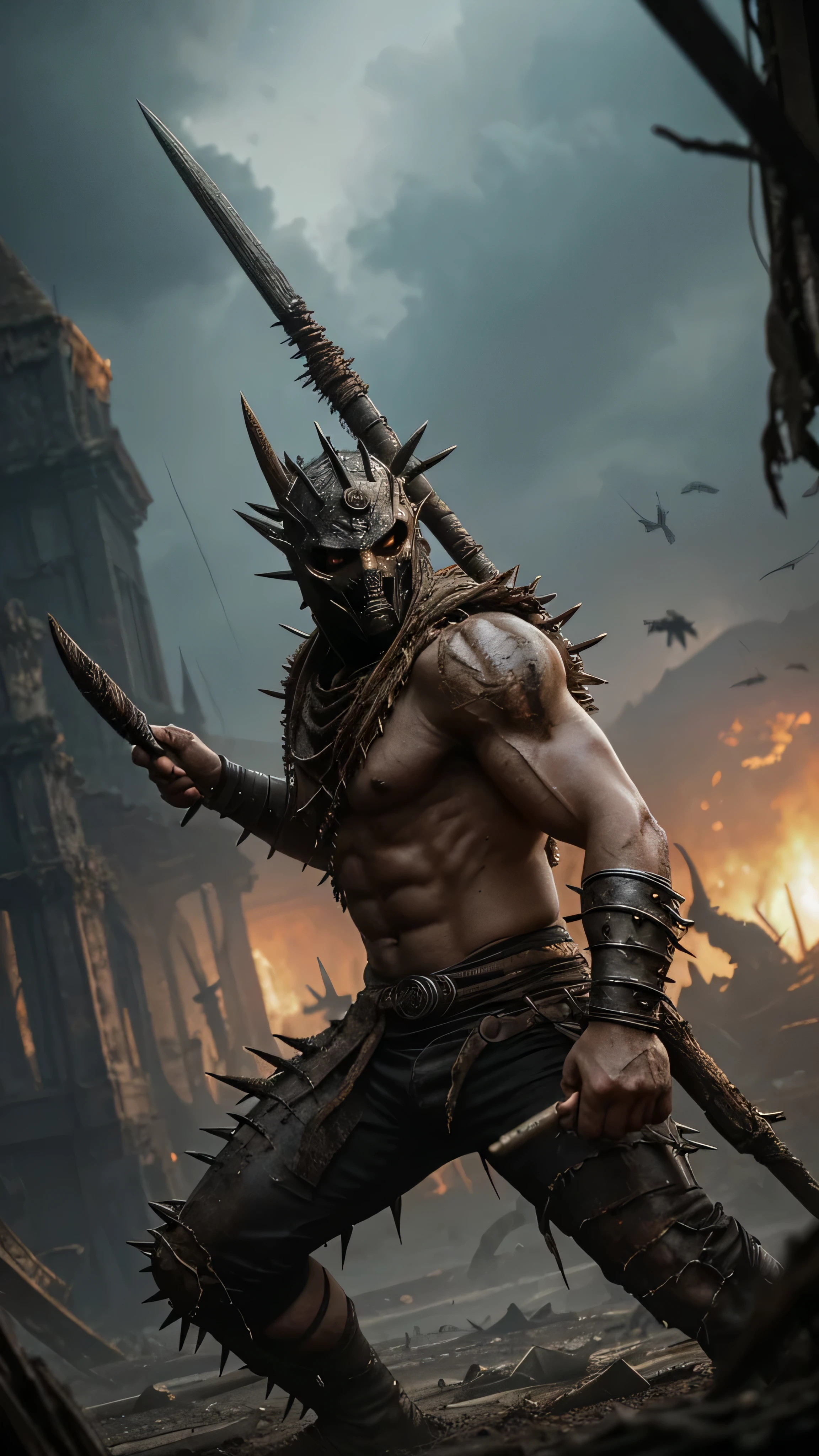 ((Drahmin)) from Mortal Kombat, ((tall hunched monstrous creature)), ((decayed and disfigured flesh)), (rotting flesh with exposed bones and sinew), ((head is covered by a spiked rusty worn metal mask with sharp spikes protruding)), thick sturdy limbs, ((wields spiked club)), ((tattered torn fabric)), wraps, 1man, solo, full body view, intricate, high detail, sharp focus, dramatic, photorealistic painting art by greg rutkowski