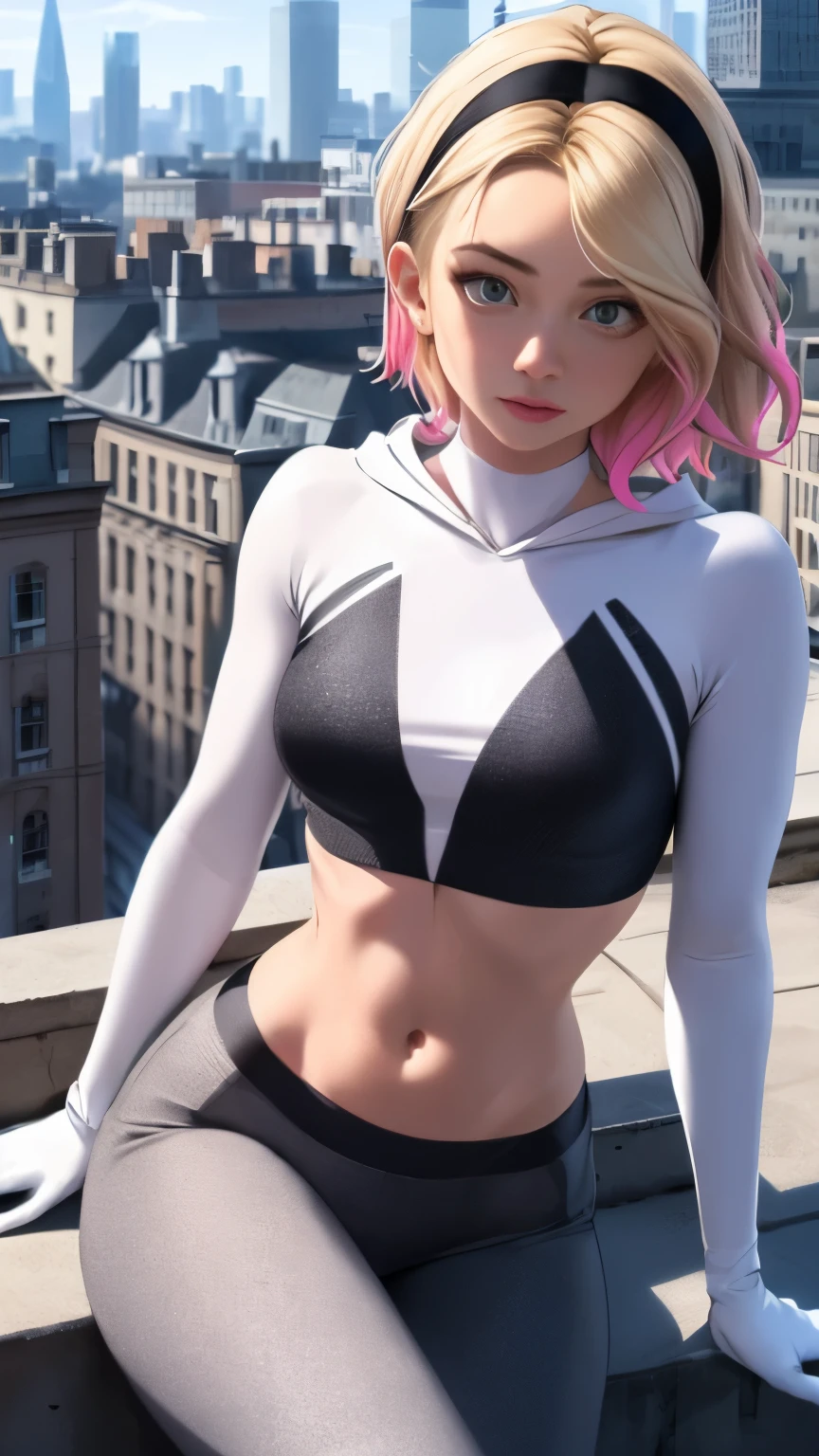 (Highly quality, masterpiece, detailed), city detailed scenario, city detailed background, solo, Gwen, blonde hair, multicolored hair, short hair, hairband, crop top, web-print, hood down, gloves, navel, sitting on top of a building, perfect face, beautiful eyes, look at the viewer, Sexy pose