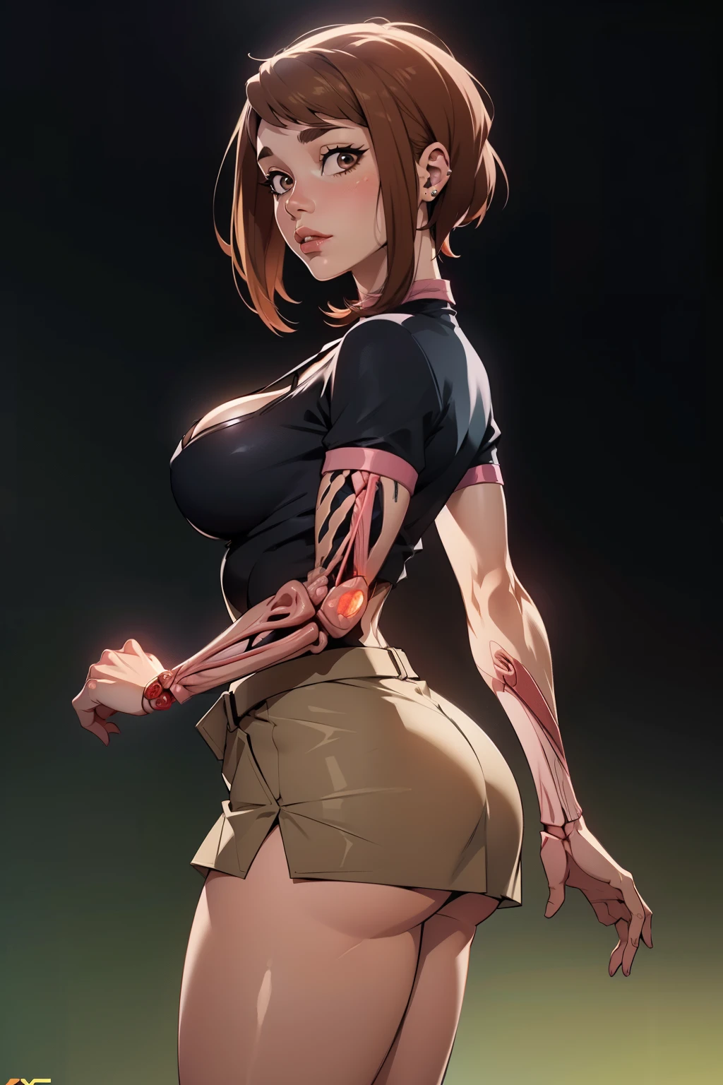 Hyper realistic super detailed sexy Ochaco Uraraka, NSFW, Very detailed, expressions faciales sexy, seductive facial expressions, [:(Face detail: 1.4): 0.4], 16K resolution, 4k resolution, dinamic lighting, High definition resolution, (sexy pose, Position attrayante), (hyper realistic: 1.4), (back light: 1.2), (sun light: 1), (pleine hauteur: 1.8),(contrasting background: 1.5), (Anatomy of the hyperrealistic arm), (Hyperrealistic anatomy of the legs), (peau propre), (lighting cinematic: 1.7), (intime), (Technologie NVIDIA RTX Ray Tracing), (Anatomy of the hyperrealistic arm: 2), (Ventre plat parfait), (image couleur), Create a work in 4K resolution, Ultra-realistic and extremely detailed featuring Ochaco Uraraka with a provocative style. Ochaco Uraraka is the central character of the work, connue pour son charisme captivant et son apparence audacieuse. Elle se tient dans un environnement de classe typique, surrounded by desks and blackboards.

Ochaco Uraraka a une apparence saisissante. She has an attractive silhouette and huge cleavage, avec des courbes provocantes qui mettent en avant son charme naturel. Son maquillage est audacieux, with bright red lips and piercing eyes. Can see lingerie

She is dressed in a provocative outfit that does not go unnoticed. Her blouse is slightly neckline and fitted, highlighting its silhouette in a suggestive way. She wears a short skirt that accentuates her shapely legs, and high heels that give him a confident gait. Ses bijoux sont accrocheurs, adding a touch of glamour to its appearance.