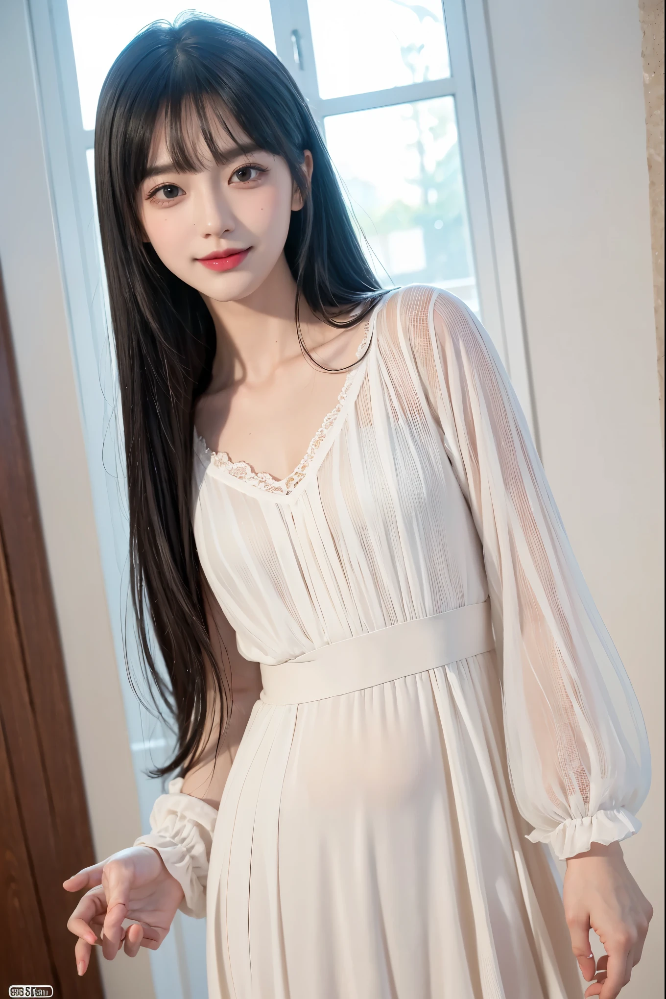 (8k, to be born, realistic: 1.25), ((striped white hairs)), (Thin lip gloss, thin eyebrows, eyelash, tear bag, sharp bangs, shiny face, shiny skin, highest quality, ultra high resolution, written boundary depth, chromatic aberration, caustics, wide lighting, natural shading, K-POPアイドル) Glasses, Calm, Gather the hair with your hands, long hair, smile, Small devil, inside the house