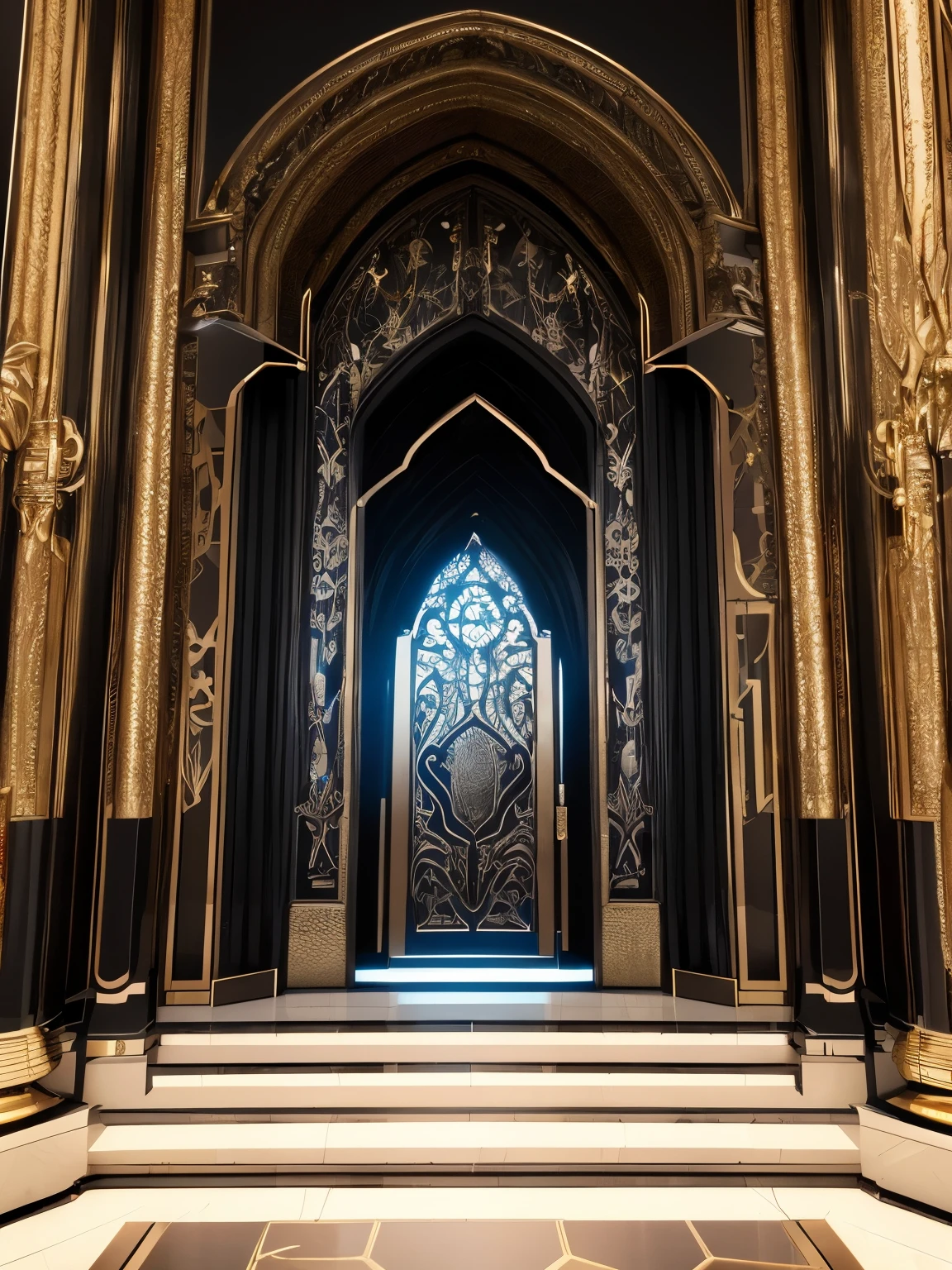best quality, super fine, 16k, RAW photo, photorealistic, incredibly absurdres, extremely detailed, delicate, flashy and dynamic depiction, 3D, Northern Renaissance style, The entrance to hell or The entrance to heaven, jet black, shining silver plated, shining gold plated, complicated, strange, mysterious