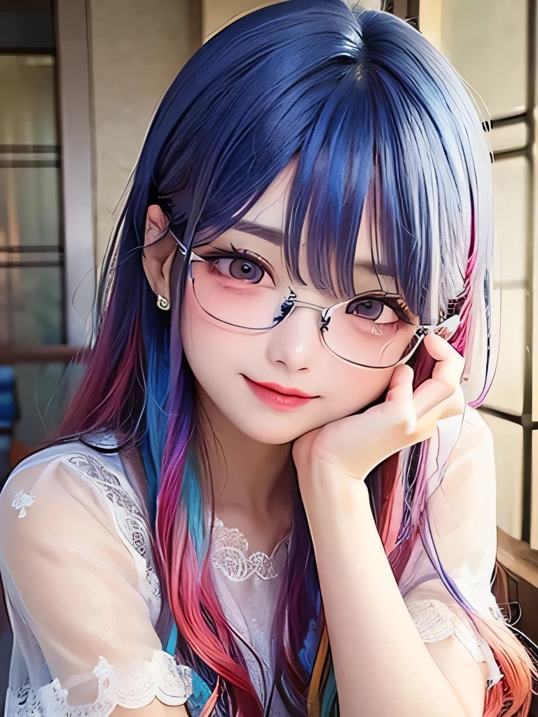 small face、 )Super detailed,bright colors, very beautiful detailed anime face and eyes, look straight,  shiny_skin,girl, (((rainbow colored hair, colorful hair, Half blue、half red hair: 1.2))), 、shiny hair, delicate beautiful face, blush、Glasses、(turquoise eyes), , Valletta, earrings,、（(flower garden、sunset、luxury hotel)）、((silver、translucent、short sleeve、Floral、lace blouse))、（twin tails）、（smile、sleepy face、Smile）、cheerful pose、dynamic、Upper body、