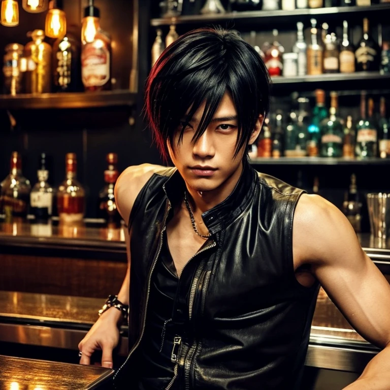 1 man, Japanese man, 30 years old, hairstyle Visual Kei, hair color blonde, muscular, broad shoulders, ultra detailed face and eyes, Asian eyes, pretty face, realistic representation, outfit cyberpunk, black men's shirt and long black pants,  sitting at a bar counter