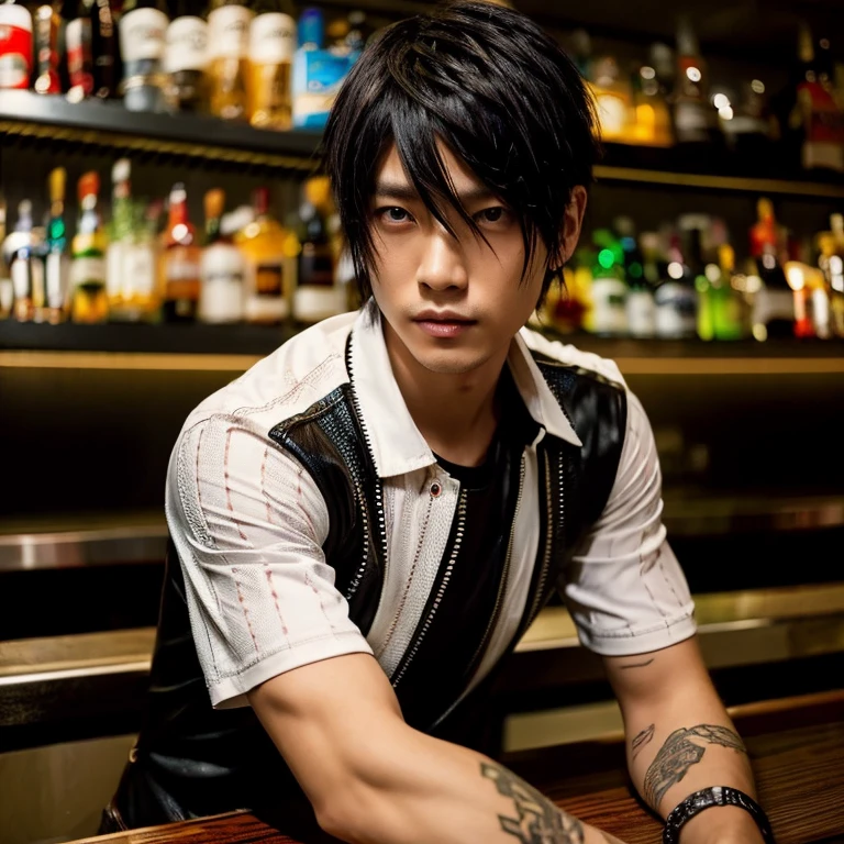 1 man, Japanese man, 30 years old, hairstyle Visual Kei, hair color blonde, muscular, broad shoulders, ultra detailed face and eyes, Asian eyes, pretty face, realistic representation, outfit cyberpunk, black men's shirt and long black pants, sitting at a bar counter