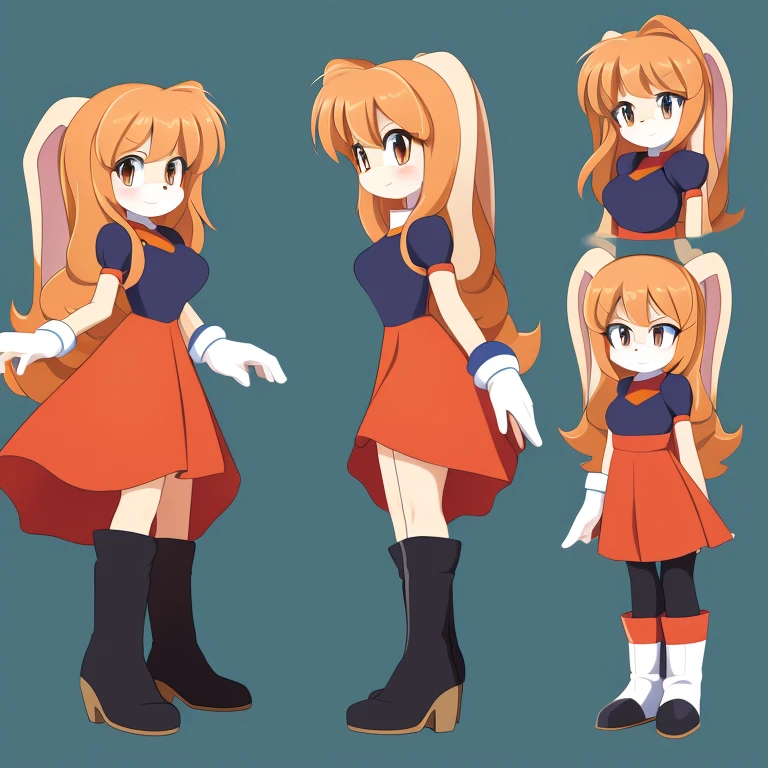 Female, Mobian, Rabbit, Cream the Rabbit sonic the hedgehog \(series\), rabbit girl, ((solo)), ((1girl)), ((hairstyles, long wavy hair with curtain side bangs, similar to Maria)), brown eyes, blushing, serious/mad, young adult, average sized breasts, hair on top of shoulders, long peach hair color that’s is wavy, wearing a mini tight orange dress, knee length tights, black boots, white gloves, arms crossed, many poses (((2D Anime Style))),