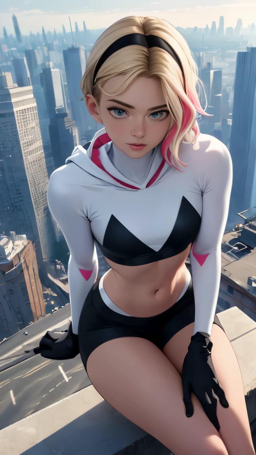 (Highly quality, masterpiece, detailed), city detailed scenario, city detailed background, solo, Gwen, blonde hair, multicolored hair, short hair, hairband, crop top, web-print, hood down, gloves, navel, sitting on top of a building, perfect face, beautiful eyes, look at the viewer, Sexy pose