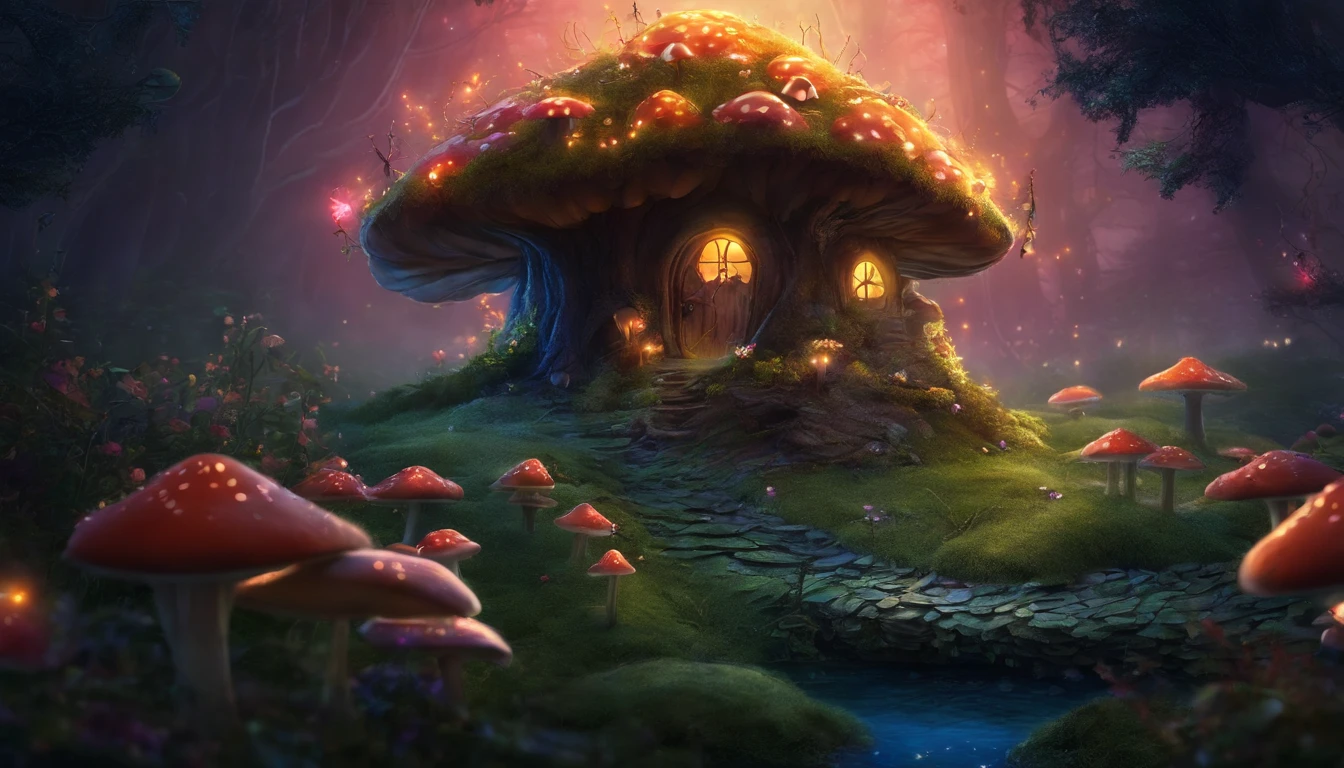 A landscape deep in the forest at night, fantastic, mysterious, a forest where fairies hide, glowing grass and flowers and mysterious mushrooms, One-person viewpoint, Super Detail, high details, High quality, 8K