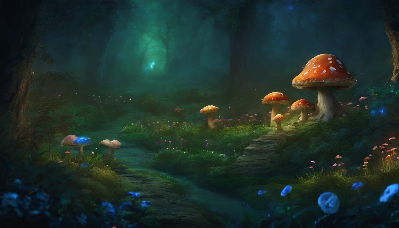 A landscape deep in the forest at night, fantastic, mysterious, a forest where fairies hide, glowing grass and flowers and mysterious mushrooms, One-person viewpoint, Super Detail, high details, High quality, 8K