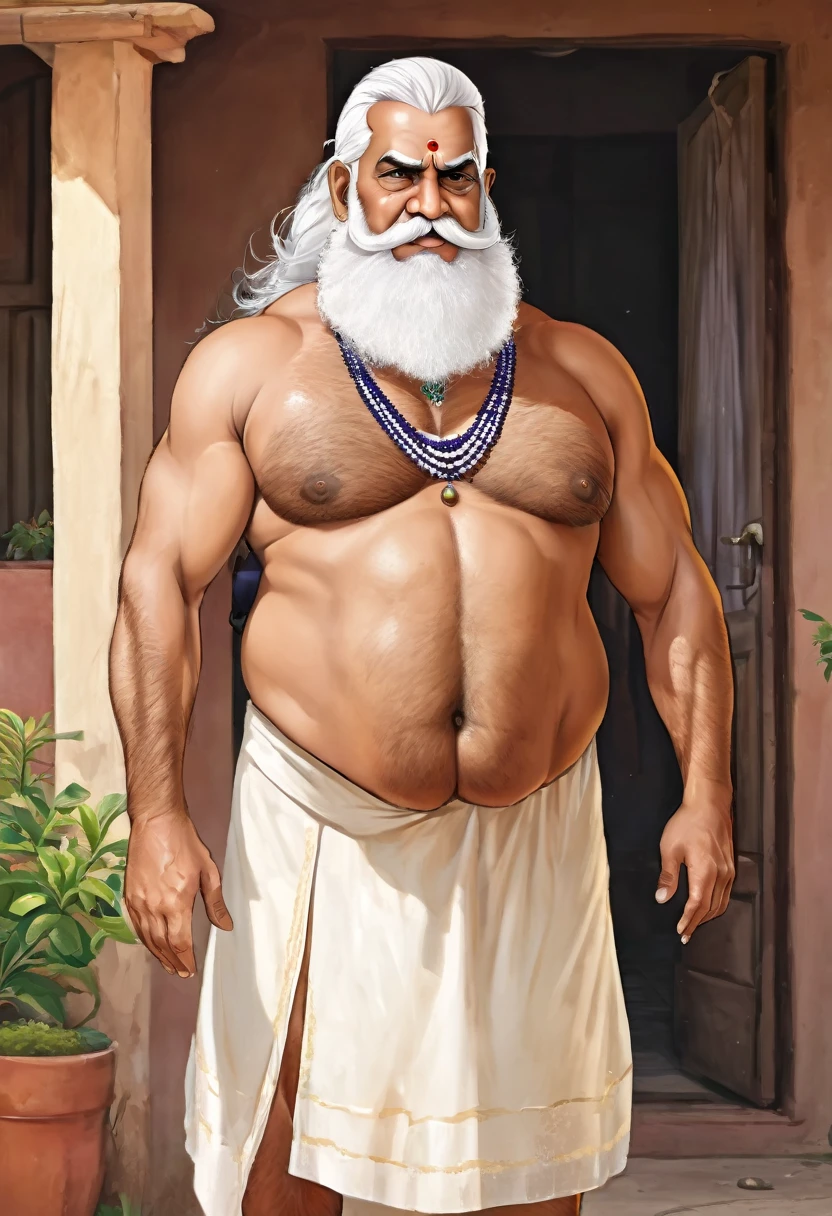 extremely detailed, detailed face, detailed eyes, detailed fat some muscle (view full body), ((1man)), (object (big belly indian older man 50s  big cock erect cock  pagari thick legs rugged hairy shirtless standing with face up alpha stern expression inside home  )), indian naked wearing pagari old man (big thick, big muscle, white facial hair, white body hair beaded, white beard, alpha strong man face thick hair,  white hair, strong character, strong muscle naked), (background (sunny , indian home Garden)), (photography (50mm lens, cinematic, cinematic color)
