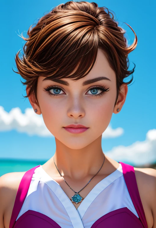 Altas Resoluciones, Sombras, absurdos, mejor_calidad, ultra_Detallado, 8K, sumamente_Claro, Director of photography, hermoso, sharp focus, HDR,
A cute pop singer with short light brown hair.. , Pixie cut and symmetrical blue eyes.. , con pecas en mejillas y nariz , linda sonrisa , maquillaje  , sombra de ojos color morado, sostiene una guitarra electrica y canta  ,Viste con un traje de lujo. Consistiendo en un vestido de gala purpura sin mangas, with a dynamic angle, capturada en una toma de vaquero altamente detallada, exudando una feliz, con tonos relajantes y una mezcla contrastante de luz y sombra, todo mientras enfatiza el cabello, Los ojos, the mouth and the action of the subject in a composition that is pleasing to the eye and stimulating , fondo variado , Luna Loud