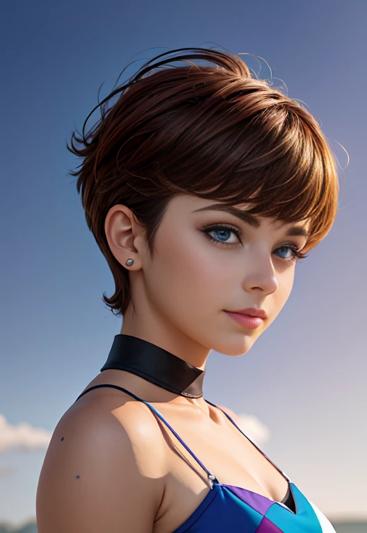 Altas Resoluciones, Sombras, absurdos, mejor_calidad, ultra_Detallado, 8K, sumamente_Claro, Director of photography, hermoso, sharp focus, HDR,
A cute pop singer with short light brown hair.. , Pixie cut and symmetrical blue eyes.. , con pecas en mejillas y nariz , linda sonrisa , maquillaje  , sombra de ojos color morado, sostiene una guitarra electrica y canta  ,Viste con un traje de lujo. Consistiendo en un vestido de gala purpura sin mangas, with a dynamic angle, capturada en una toma de vaquero altamente detallada, exudando una feliz, con tonos relajantes y una mezcla contrastante de luz y sombra, todo mientras enfatiza el cabello, Los ojos, the mouth and the action of the subject in a composition that is pleasing to the eye and stimulating , fondo variado , Luna Loud