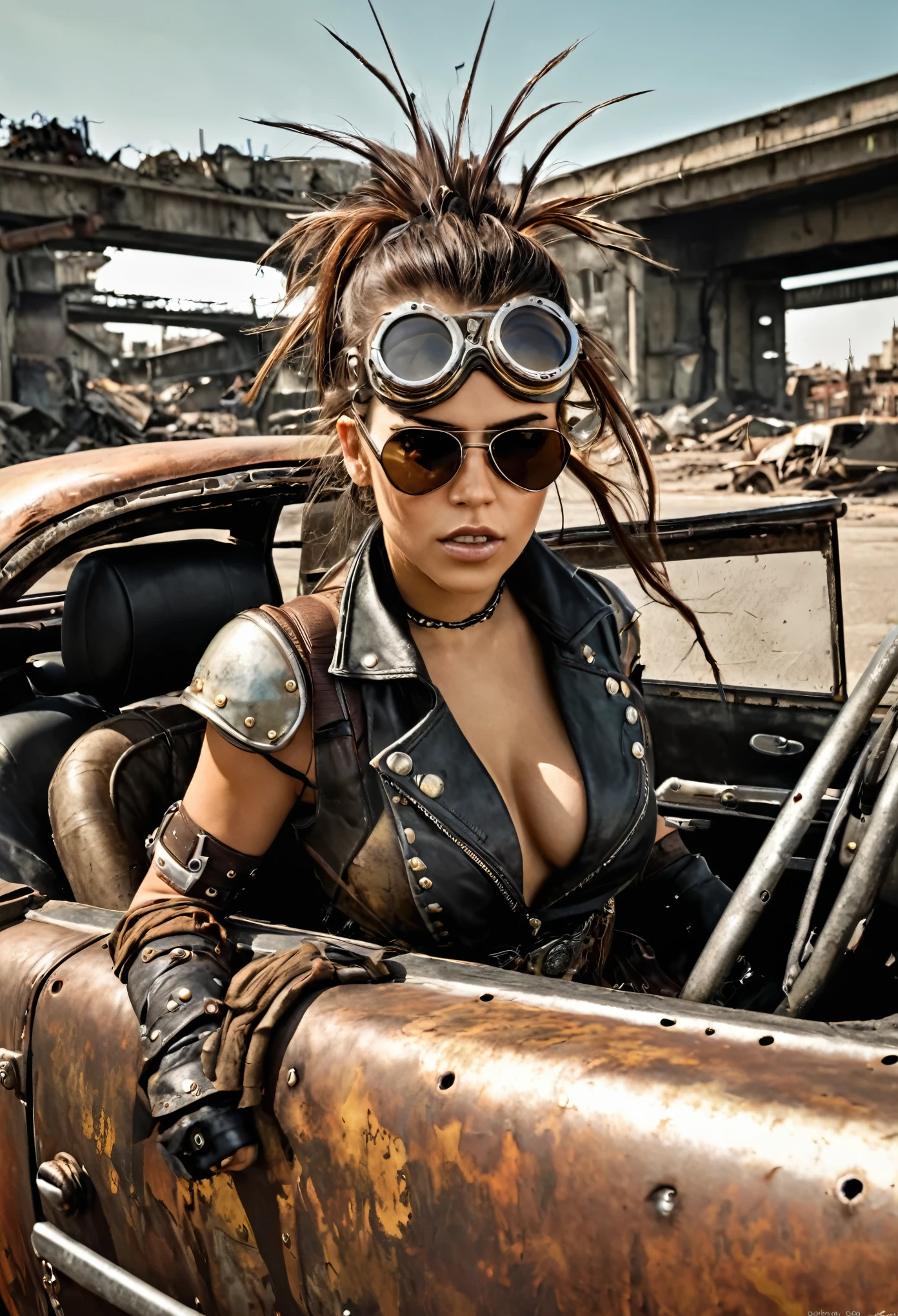 faithful image of an old rusty 1955 cadilac eldorado with METAL spikes on the hood, War vehicle, COM MUITOS ESPINHOS AO REDOR. RODAS GROSSAS, military style with modifications, the car is racing on a street suspended over a destroyed white concrete overpass in the center of a post-apocalyptic city with many buildings around, carro steampunk, dramatic art, estilo de arte dieselpunk, apocalyptic road warrior vibe, a girl with sunglasses is inside the car, arte digital surreal, Mad Max inspirado, heavy metal artwork, simetria da face cromada, arte steampunk digital, It's not the Mad Max style, metal art, It's not Filip Hodas' art style, arte digital steampunk, dieselpunk, em um mundo hightech, foto na diagonal