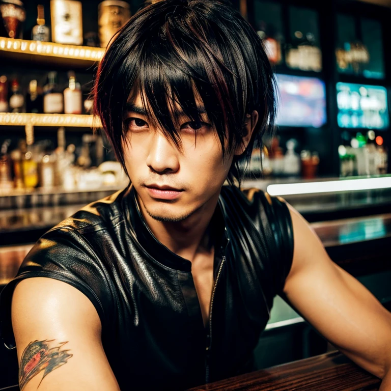 1 man, Japanese man, 30 years old, hairstyle Visual Kei, hair color blonde, muscular, broad shoulders, ultra detailed face and eyes, Asian eyes, pretty face, realistic representation, outfit cyberpunk, black men's shirt and long black pants, sitting at a bar counter