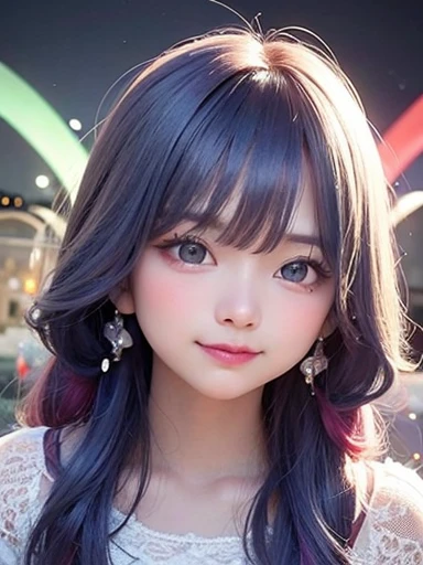 small face、 )Super detailed,bright colors, very beautiful detailed anime face and eyes, look straight, shiny_skin,girl, (((rainbow colored hair, colorful hair, Half blue、half red hair: 1.2))), 、shiny hair, delicate beautiful face, blush、Glasses、(turquoise eyes), , Valletta, earrings,、((flower garden、sunset、luxury hotel))、((silver、translucent、short sleeve、Floral、lace blouse))、(twin tails)、(drunk、smile、sleepy face、Smile)、cheerful pose、dynamic、Upper body、