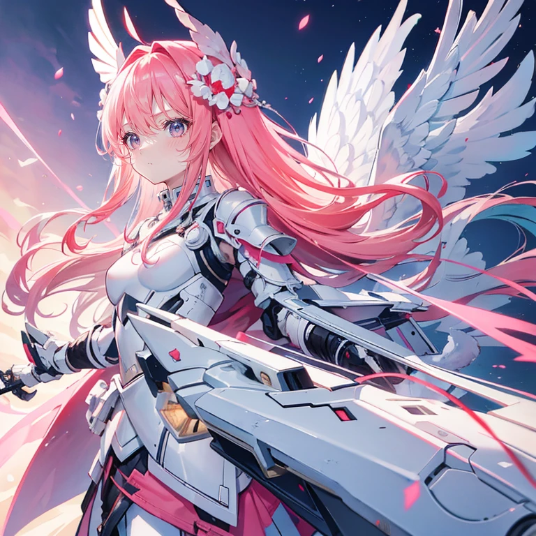 Coral Pink Hair,Not very long hair,Princess cut,There is a small braid,hair between eyes,,gray eyes,feather hair ornament,girl,cute,,white coat,Tech Armor,heavy armor,Sci-fi elements,weapons in hand,whole body照,whole body,Fingers and arms are not exposed,Background City,Blue sky and white clouds,serious expression