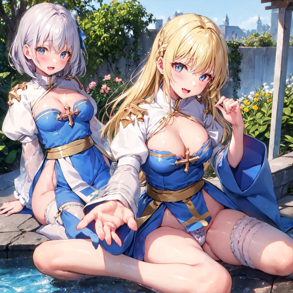 Texture CG, ((Ultra Detail Art)), ((​master piece)), (extremely details CG),Multiple girls,3girls,harem,sitting,nsfw,ragnarokarch,sexy gal , gyaru,beautiful breasts, beautiful legs, show off panties ,panty shot,  wind lift ,((string panties),(tiny  panties)),clothy_aside, clothing aside, clothes lift, pelvic curtain,(((White Puff Sleeves))), white thigh thighs, Gold Sash ,White blue dress from neck to chest,  cleavage cutout, Long blue skirt with slit, (Blue Wide Sleeve), (Blue Dress Short Front), long hair, blonde hair, pink hair, silver hair, Curve, Beautiful detailed eyes , gleaming skin, open mouth ,light smile, embarrassed:1.4, outsides ,clear sky, in summer ,windy ,garden, 