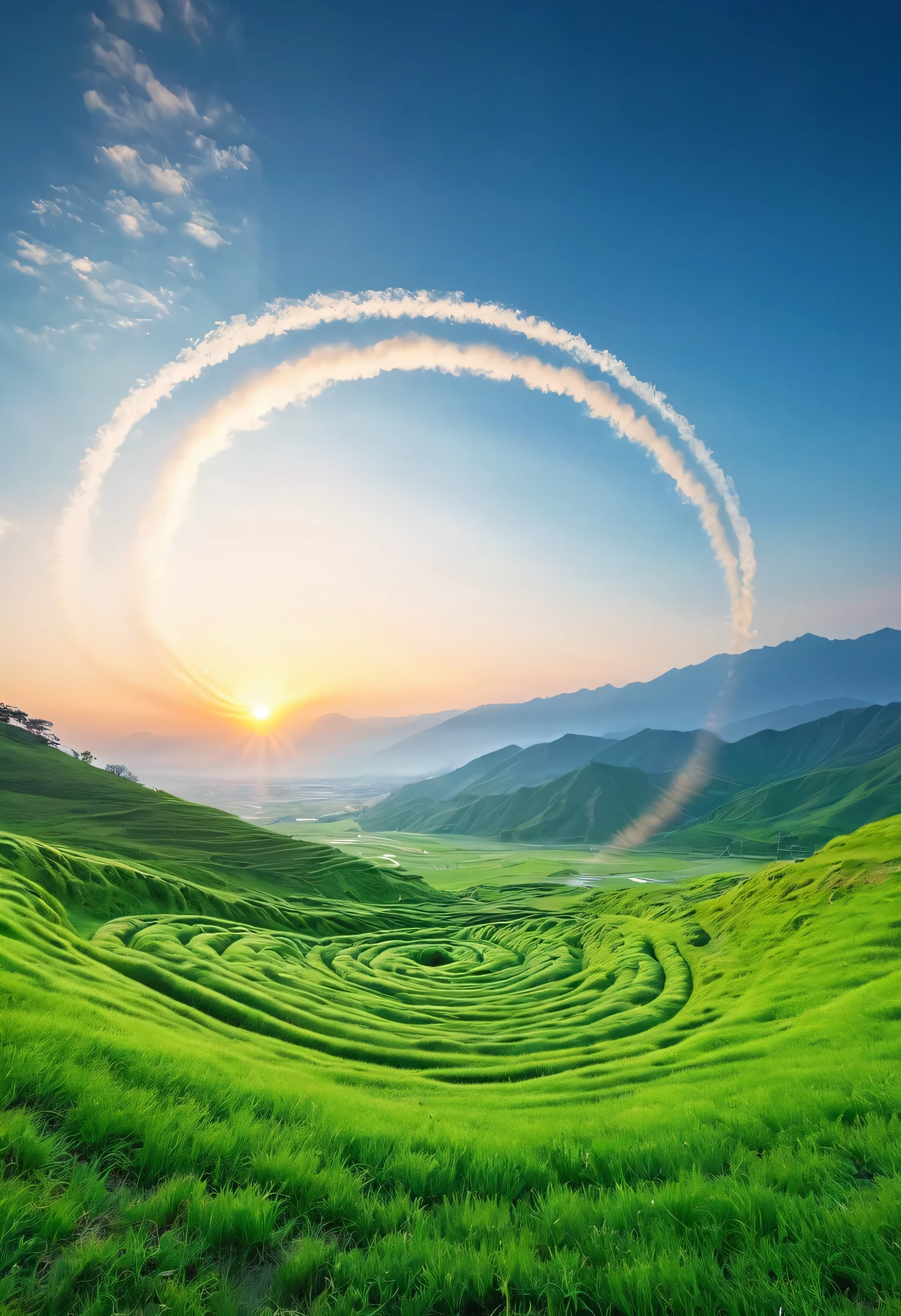 View of a green field with a spiral in the middle, mysterious atmosphere, Grass spiral mountain landscape, fantastic environment, celtic culture, Fairy Circle, Mystical scene, fantasy setting, Landscape of Middle-earth, Magical landscape, Beautifully illuminated landscape, shah, Breathtaking landscape, landscape: Joy of life, Nice views, sunset over the valley, amazing background