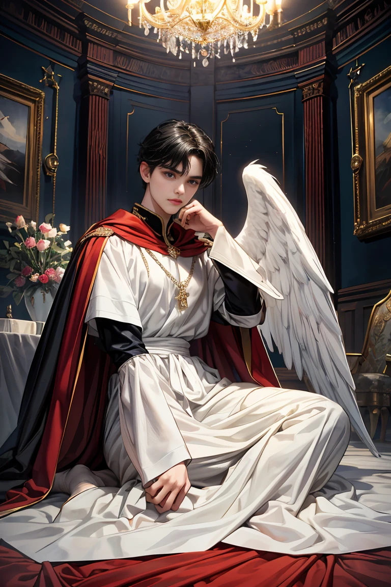 masterpiece, 最high quality, high quality, 1 boy, alone, male focus, looking at the viewer, Messy black hair, blue adorable big eyes, white people, Noble, Noble, beautiful angel、A very big, very big, very big, very long, long red and black cape made with a lot of fabric that reaches all the way down to the floor, ,cute beautiful boy,cute cute handsome boy