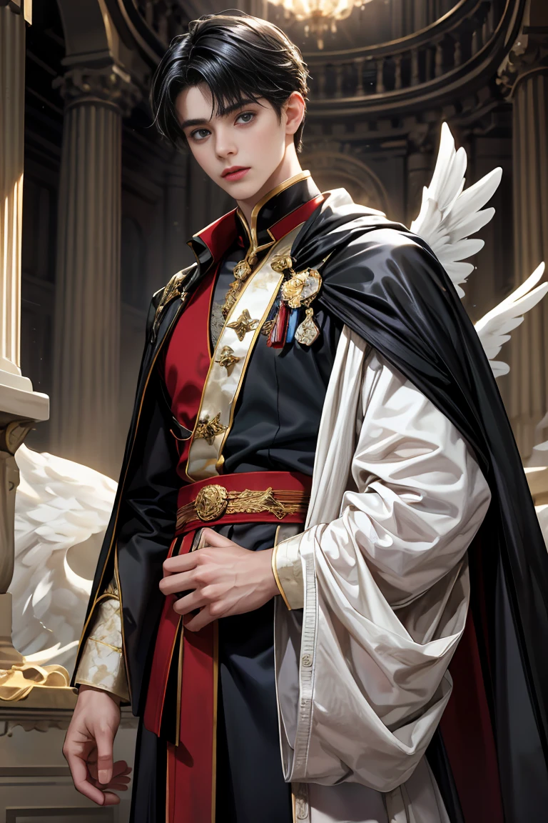 masterpiece, 最high quality, high quality, 1 boy, alone, male focus, looking at the viewer, Messy black hair, blue adorable big eyes, white people, Noble, Noble, beautiful angel、A very big, very big, very big, very long, long red and black cape made with a lot of fabric that reaches all the way down to the floor, 17 years old,cute beautiful boy,cute cute handsome boy