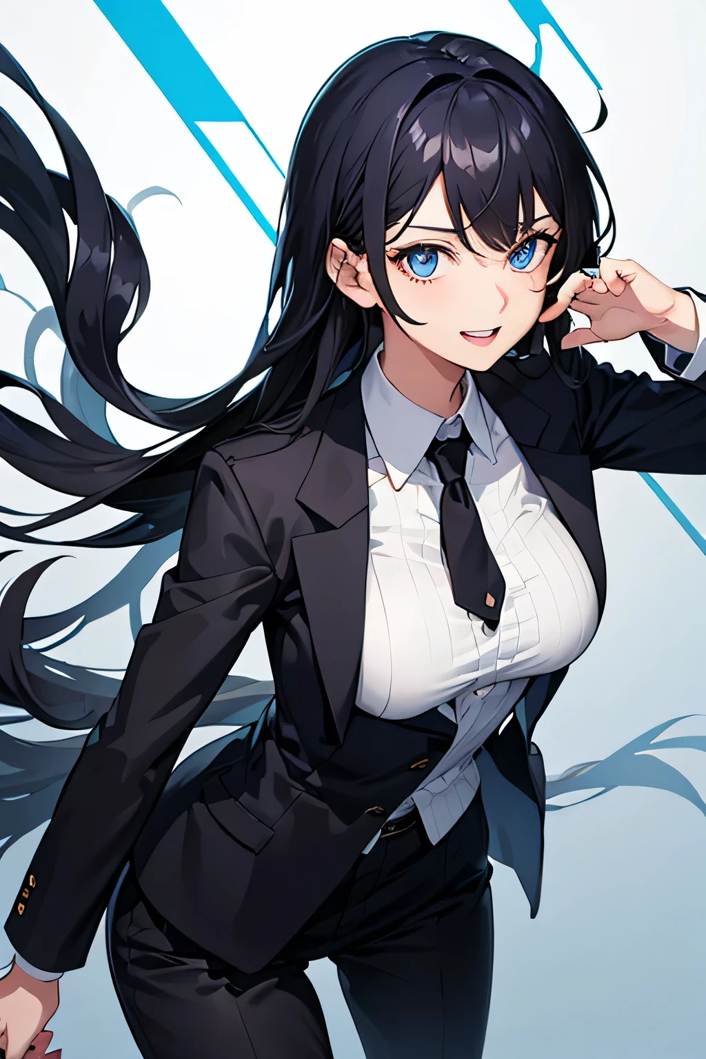 1girl,suit,blue eyes,black hair,mullet haircut,medium tits,happy expression
