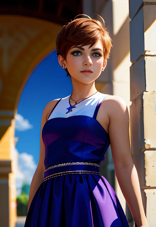 Altas Resoluciones, Sombras, absurdos, mejor_calidad, ultra_Detallado, 8K, sumamente_Claro, Director of photography, hermoso, sharp focus, HDR,
A cute pop singer with short light brown hair.. , Pixie cut and symmetrical blue eyes.. , con pecas en mejillas y nariz , linda sonrisa , maquillaje  , sombra de ojos color morado, sostiene una guitarra electrica y canta  ,Viste con un traje de lujo. Consistiendo en un vestido de gala purpura sin mangas, with a dynamic angle, capturada en una toma de vaquero altamente detallada, exudando una feliz, con tonos relajantes y una mezcla contrastante de luz y sombra, todo mientras enfatiza el cabello, Los ojos, the mouth and the action of the subject in a composition that is pleasing to the eye and stimulating , fondo variado , Luna Loud