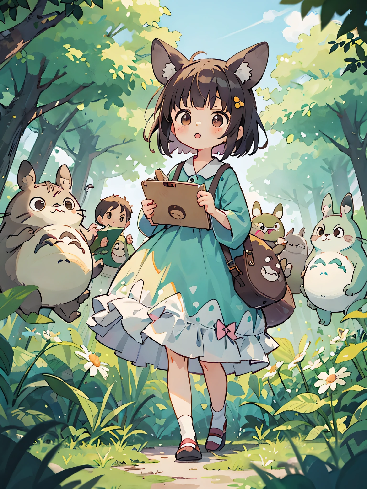 My Neighbor Totoro Style, Kawaii Design, (((10 people)))、most beautiful girl ever、Chibi, Colorful bob hair、((Lots of friends))、Totoro Forest