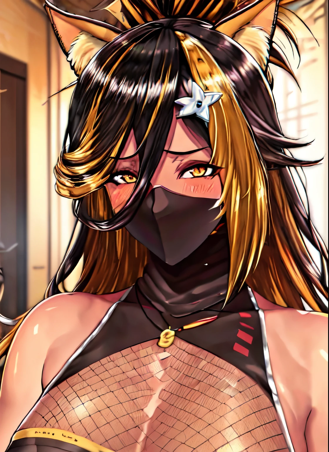 nekoyo chloe, jewelry, upper body, virtual youtuber, ninja, dark-skinned female, hair between eyes, solo, breasts, multicolored hair, looking at viewer, yellow eyes, blurry, black hair, white background, hair ornament, cat ears, blush, large breasts, dark skin, bare shoulders, cleavage, two-tone hair, streaked hair, long hair, 1girl, blonde hair, bangs, mask, mouth mask, ninja mask, expressive eyes,perfect balance, looking at viewer,(Focus on her face),closed mouth, (innocent_big_eyes:1.0),Light_Smile, official art,extremely detailed CG unity 8k wallpaper, perfect lighting,Colorful, Bright_Front_face_Lighting,shiny skin, (masterpiece:1.0),(best_quality:1.0), ultra high res,4K,ultra-detailed, photography, 8K, HDR, highres, absurdres:1.2, Kodak portra 400, film grain, blurry background, bokeh:1.2, lens flare, (vibrant_color:1.2),professional photograph,
