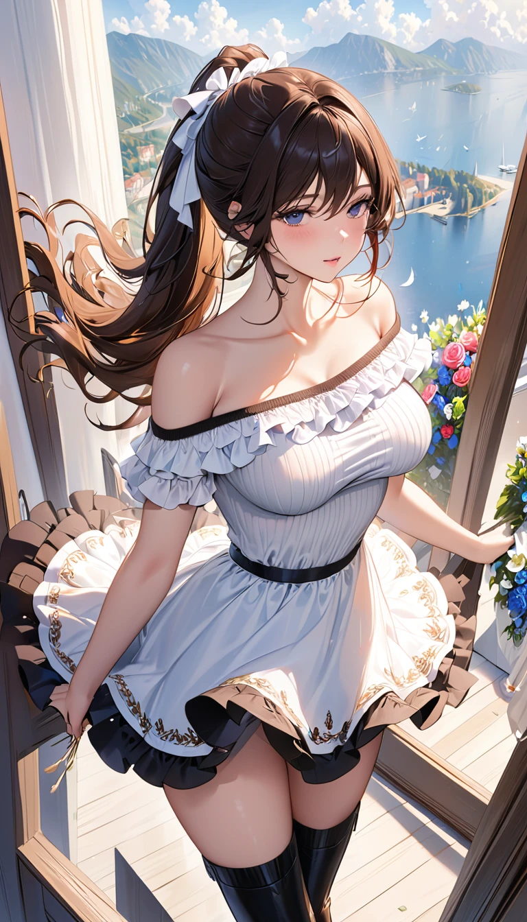 masterpiece:1.4,best-quality,Super Detail,Very Delicate and Beautiful,((( nsfw, off-shoulder knit top, ruffled miniskirt, knee-high boots ))), very gigantic breasts, very slender, beautiful woman
