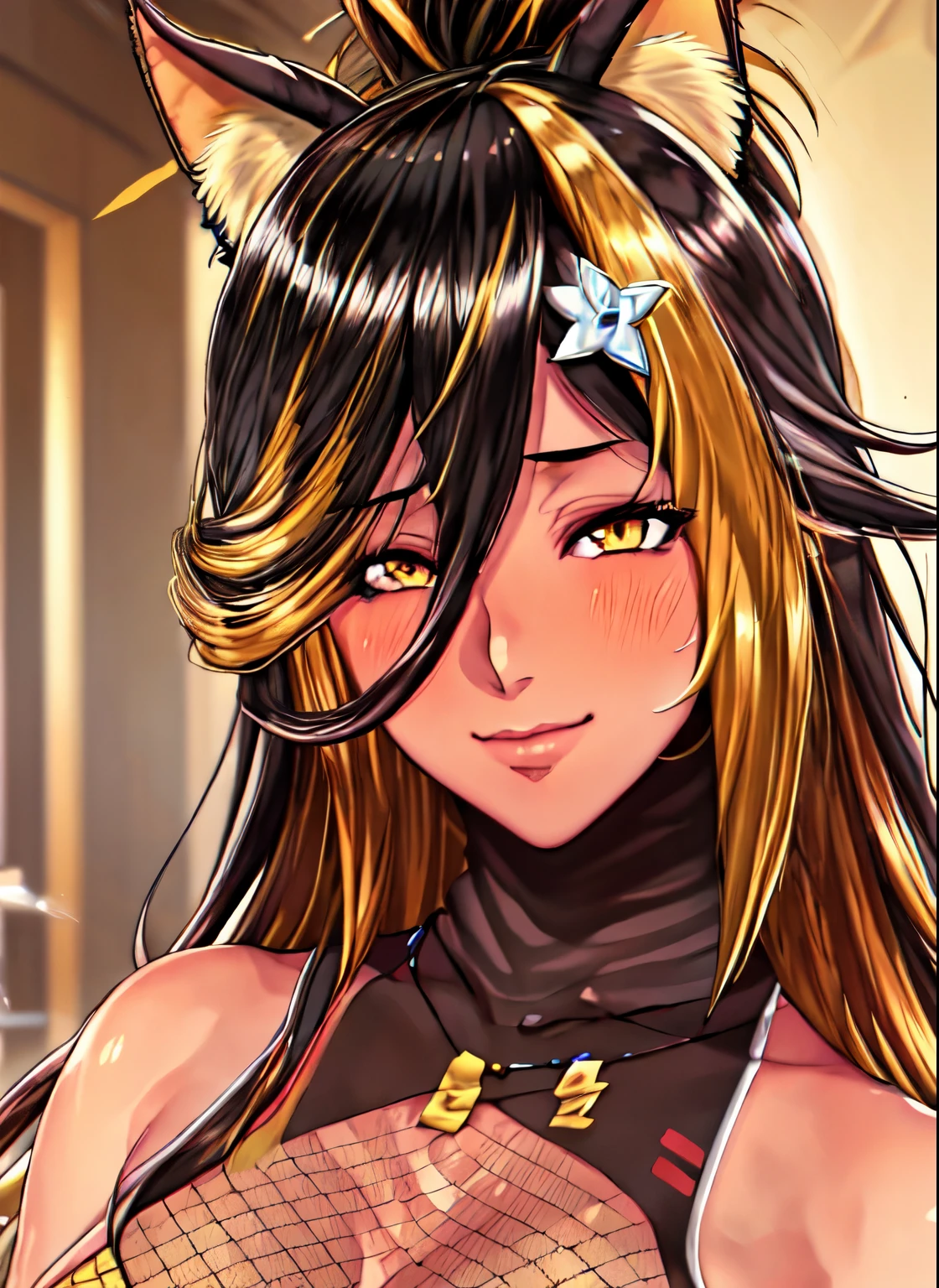 nekoyo chloe, jewelry, upper body, virtual youtuber, ninja, dark-skinned female, hair between eyes, solo, breasts, multicolored hair, looking at viewer, yellow eyes, blurry, black hair, white background, hair ornament, cat ears, blush, large breasts, dark skin, bare shoulders, cleavage, two-tone hair, streaked hair, long hair, 1girl, blonde hair, bangs, expressive eyes,perfect balance, looking at viewer,(Focus on her face),closed mouth, (innocent_big_eyes:1.0),Light_Smile, official art,extremely detailed CG unity 8k wallpaper, perfect lighting,Colorful, Bright_Front_face_Lighting,shiny skin, (masterpiece:1.0),(best_quality:1.0), ultra high res,4K,ultra-detailed, photography, 8K, HDR, highres, absurdres:1.2, Kodak portra 400, film grain, blurry background, bokeh:1.2, lens flare, (vibrant_color:1.2),professional photograph,