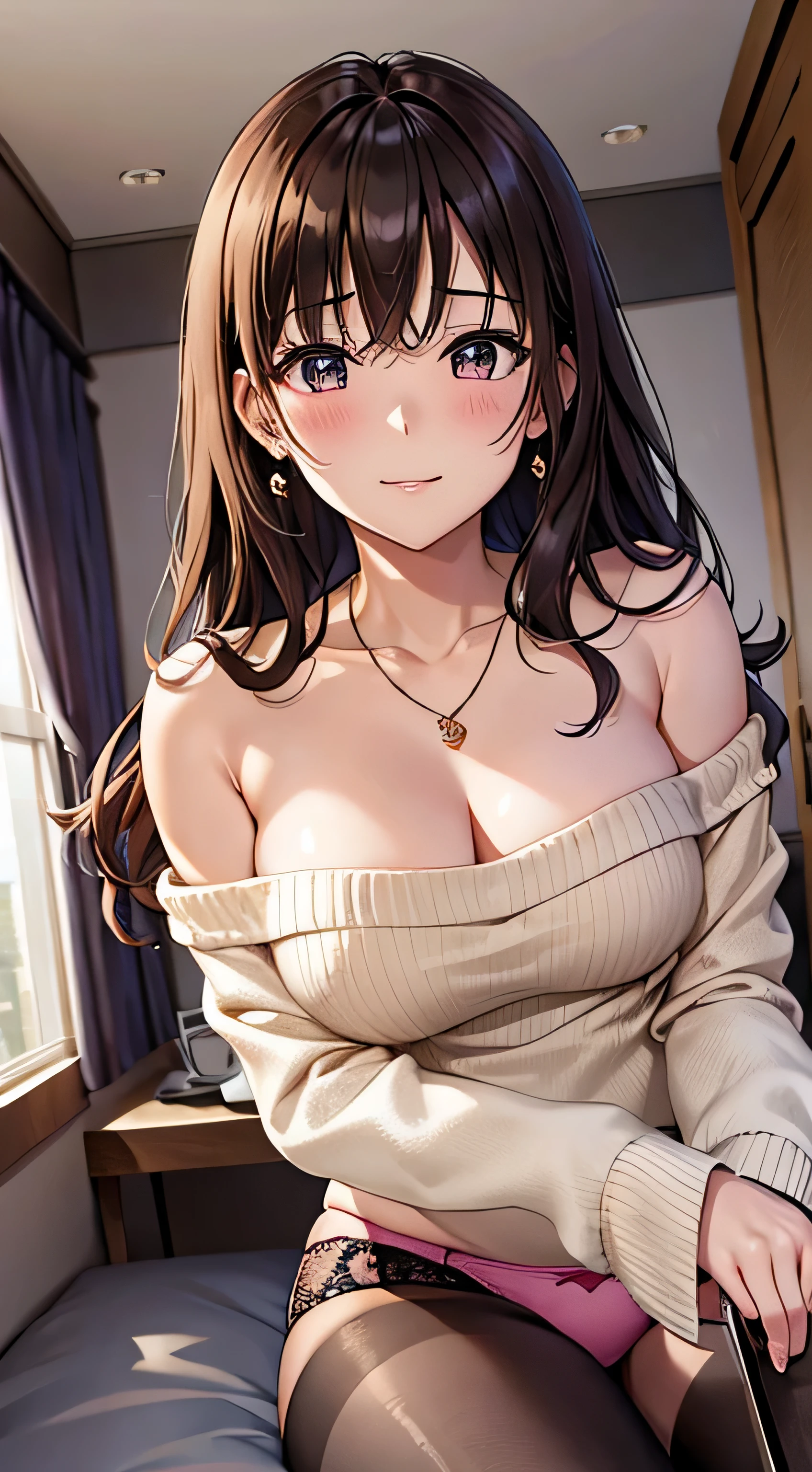 (table top, highest quality, High resolution, , perfect pixel, 4k,), 1 girl, single, alone, Beautiful woman、I could see the whole body、 ((wavy middle hair, bangs, brown hair)), ((brown eyes, beautiful eyelashes, realistic eyes)), ((detailed face, blush:1.2)), ((smooth texture:0.75, realistic texture:0.65, realistic:1.1, Anime CG style)), medium breasts, dynamic angle, perfect body, ((Pink lace panties are visible, beige off shoulder sweater、、black stockings、cute necklace、earrings、)), upper grade、shy smile、Luxury hotel room、sleep on your back in bed、((open legs))、angle from below、Put your arms together to accentuate your cleavage、、(())、