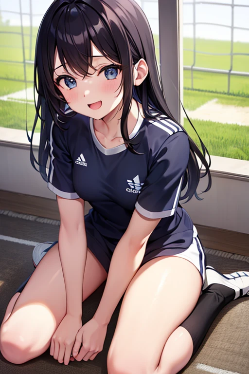 Wearing a soccer uniform with embroidered logo and Adidas logo print、middle School girls、Sweaty and looking happy、Her nipples are visible and protruding、very small breastasturbating