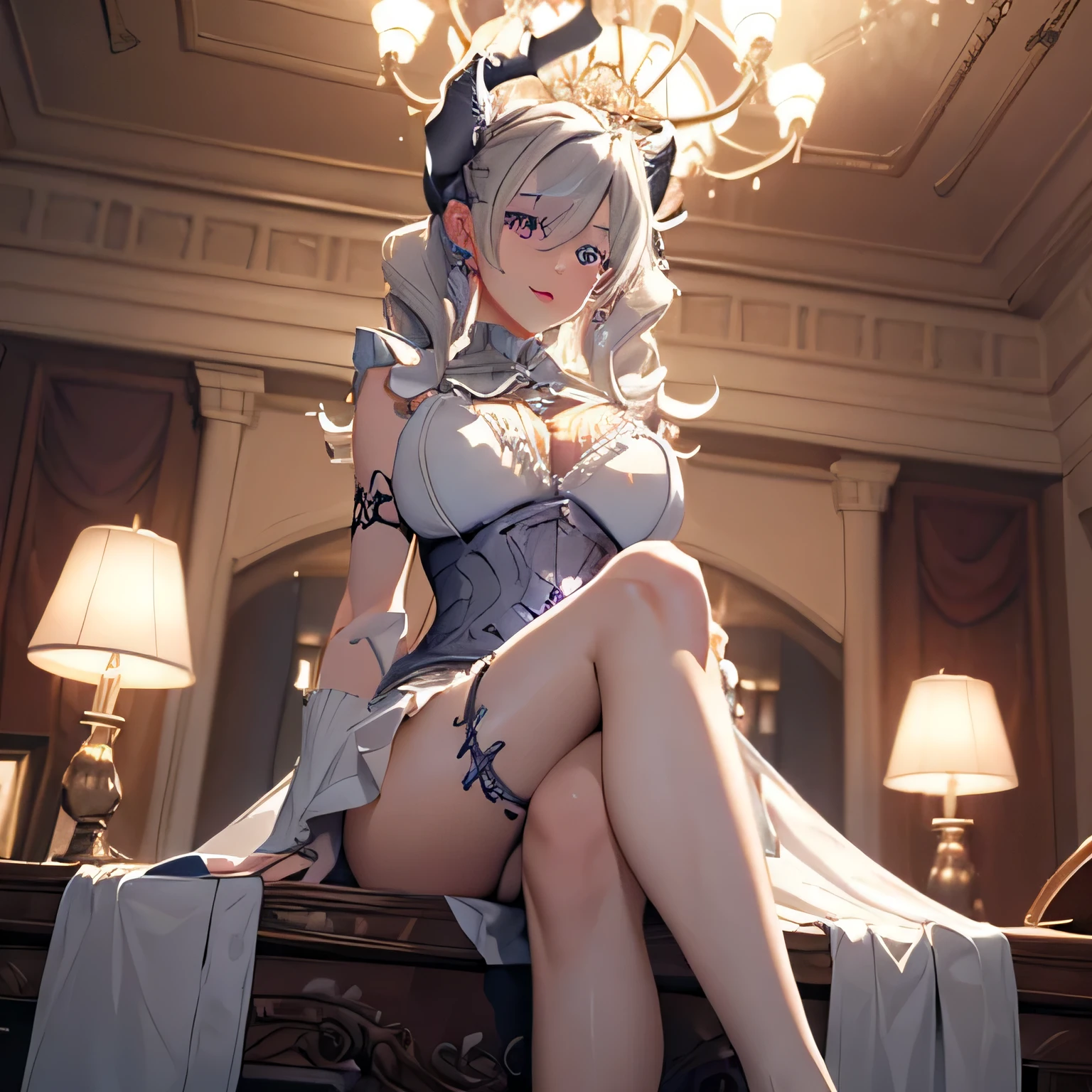 ((masterpiece)),(best quality), ((extremely detailed CG unity 4k wallpaper)),(cinematic lighting), (an extremely delicate and beautiful girl:1.3),(++silver hair++), purple eyes, long hair, jewelry,earrings, :d, maid, labrynth,
Large breast ,(Crystal chandelier), horn ,indoor , sitting , crossed leg in detailed, all body , foot exposed 