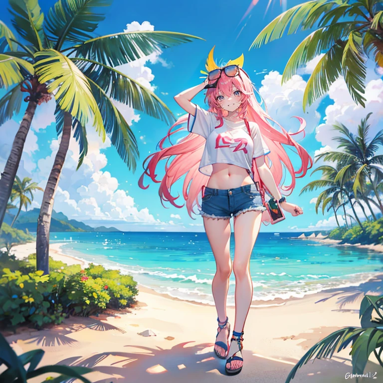 Coral pink hair，long hair，hair over one eye，gray eyes，feather hair ornament，cute，girl，laughing out loud，happy smiling expression，Glasses hanging on head，short sleeves，Denim shorts，navel-baring outfit，Wear sandals on your feet，whole body，stand on the ground，Does not expose fingers，The background is，Green Beach，Tropical sandy beach，Huge palm trees