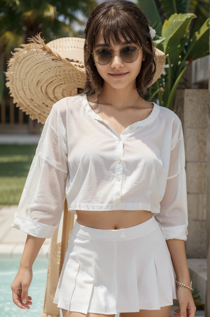 a beautifull 15 years old girl, wearing a sunglasses,smlie face, white skin, masterpiece, textured skin, super detail, high details, high quality, 8k, bangs hairstyle,
wearing a shirt, stomuch visible, stomuch visible, small skirt, wearing a eyer rings, wet body,